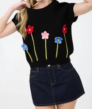 Pull à manches courtes en crochet floral 3D noir