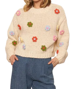 Pull à fleurs 3D en crème