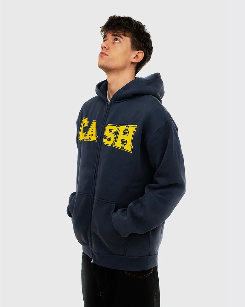 Breathable Fleece Sticker Accents Cash Only Campus Zip Up Hoodie - Washed Navy