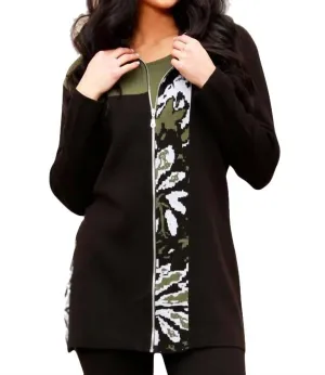 Cardigan Longue à Zip Abstrait en Noir/sauge