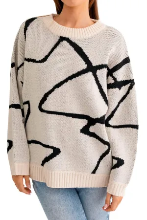 Pull overdimensionné à motif abstrait en crème et noir
