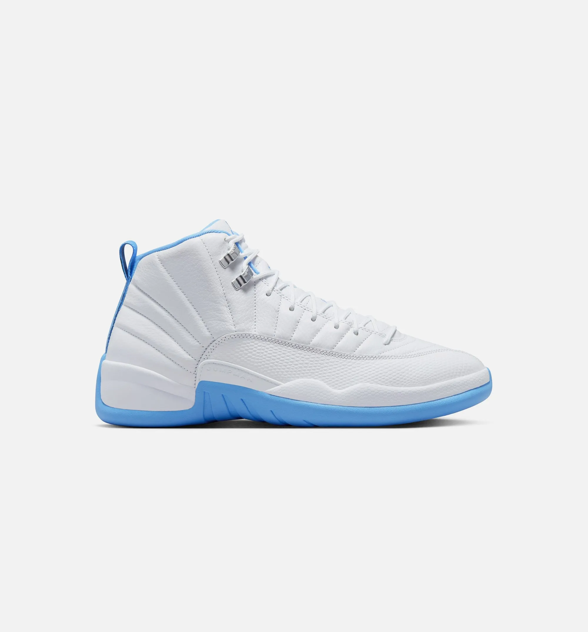 Air Jordan 12 Retro White And University Blue Mens Lifestyle Shoe - White/University Blue/Metallic Silver Quilted Fabric Sandal Geometric