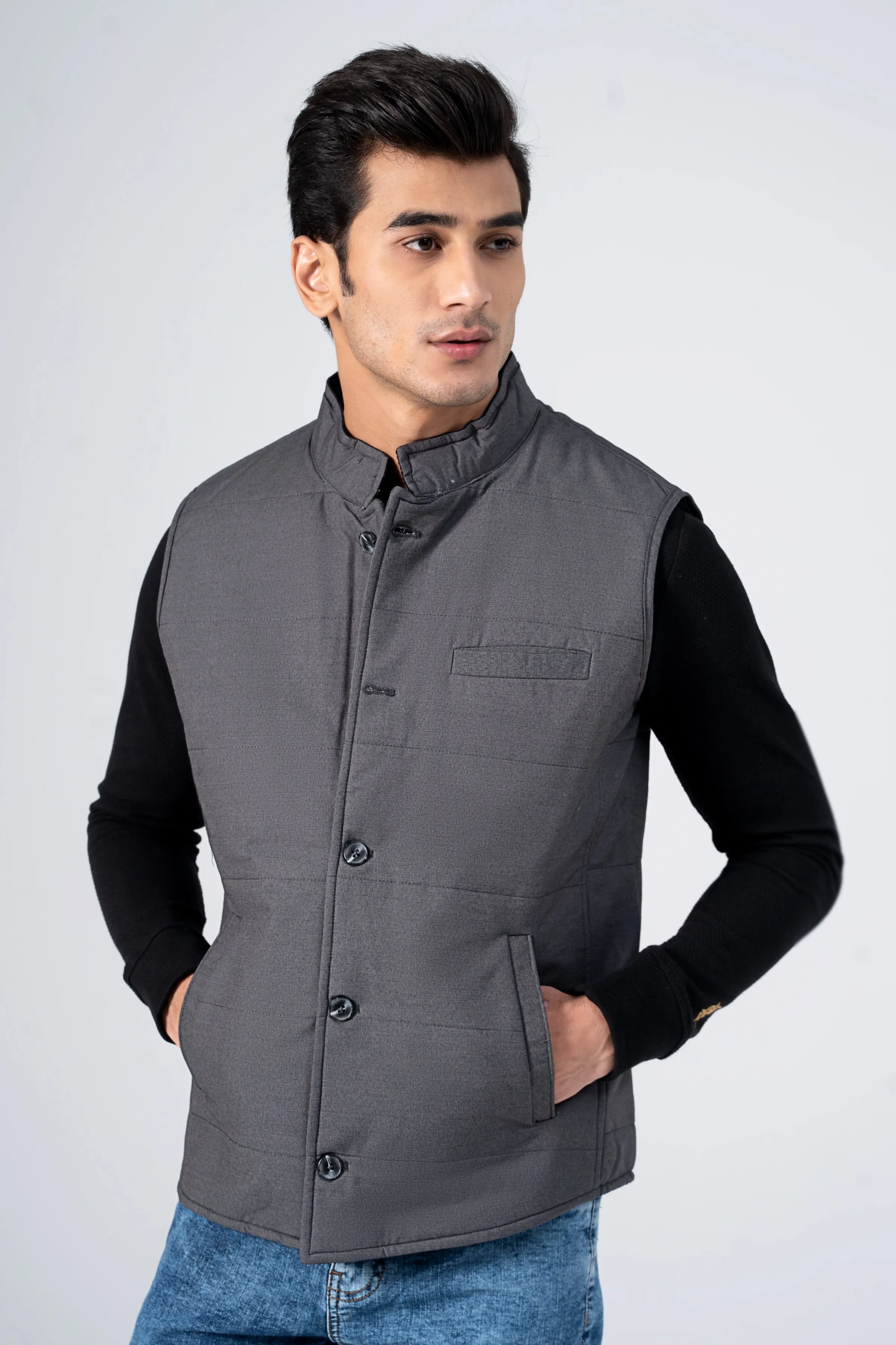 Thin Fit Soles Floral Design Quilted Textured Jacket Charcoal