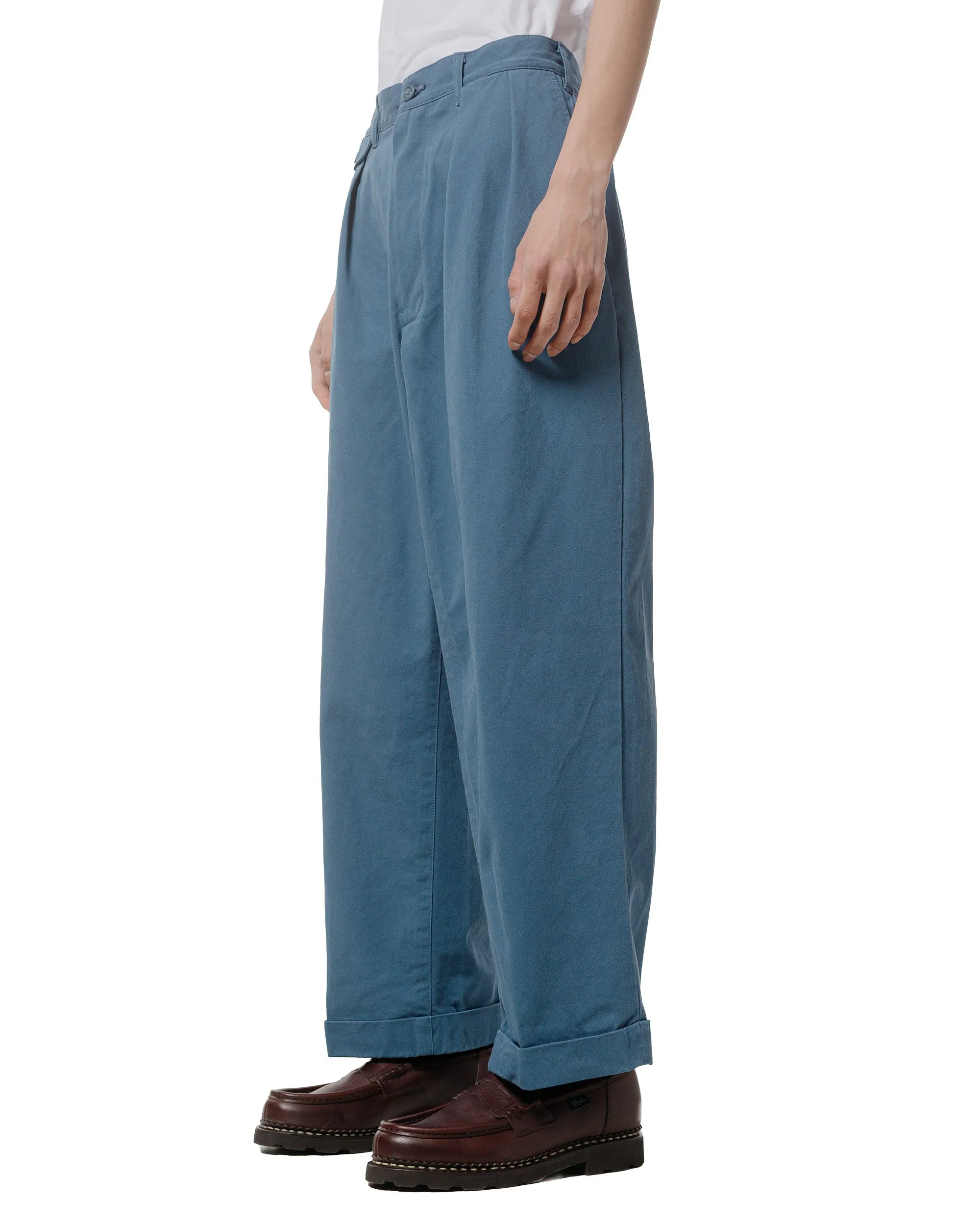 Zipper Fly Calorie Counter Beams Plus 2Pleats Trousers Twill Bio Washed Sax