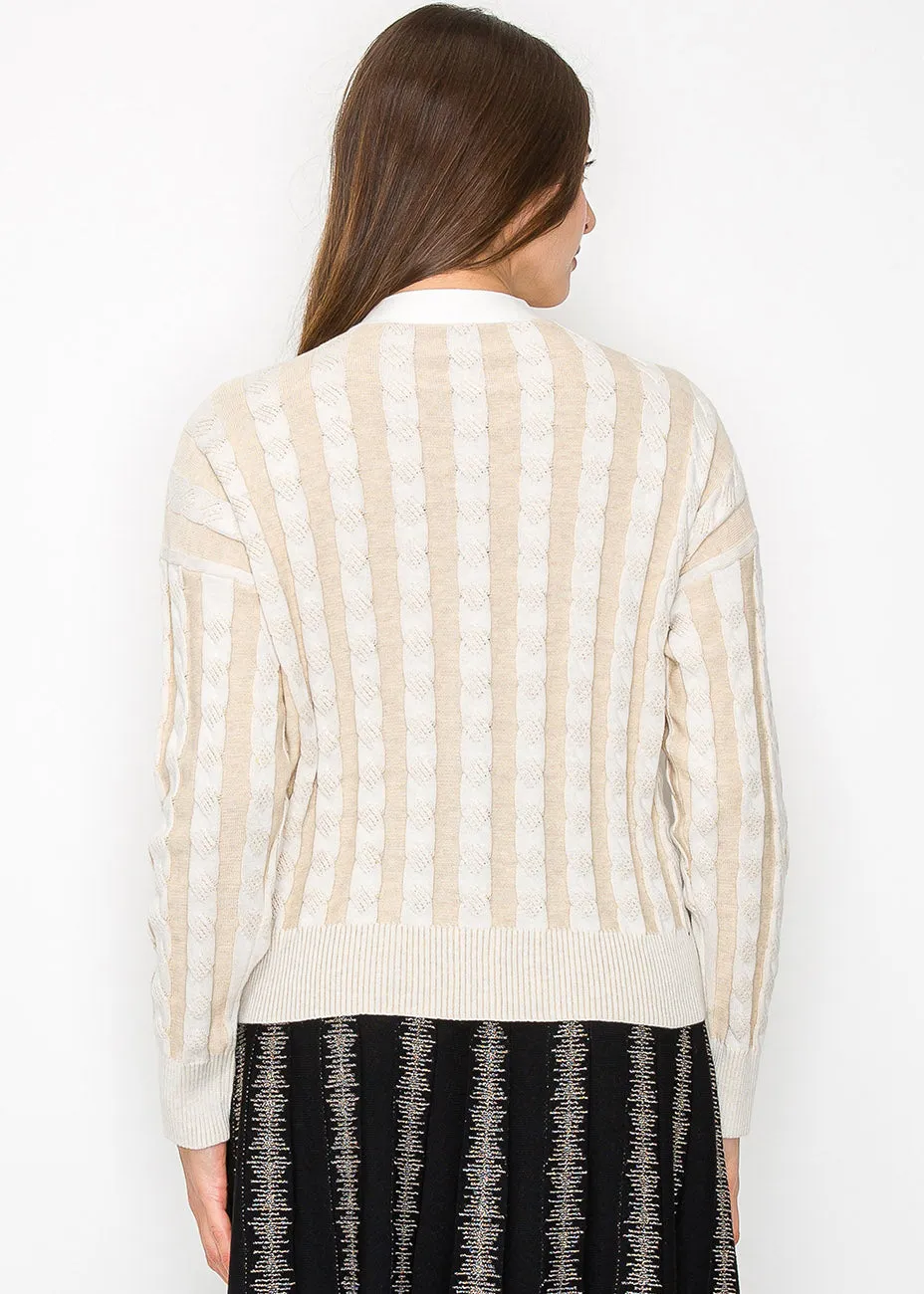 Cardigan rayé en tricot câblé beige