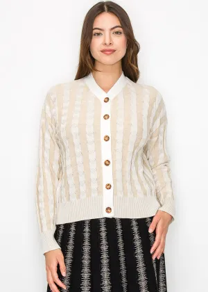 Cardigan rayé en tricot câblé beige