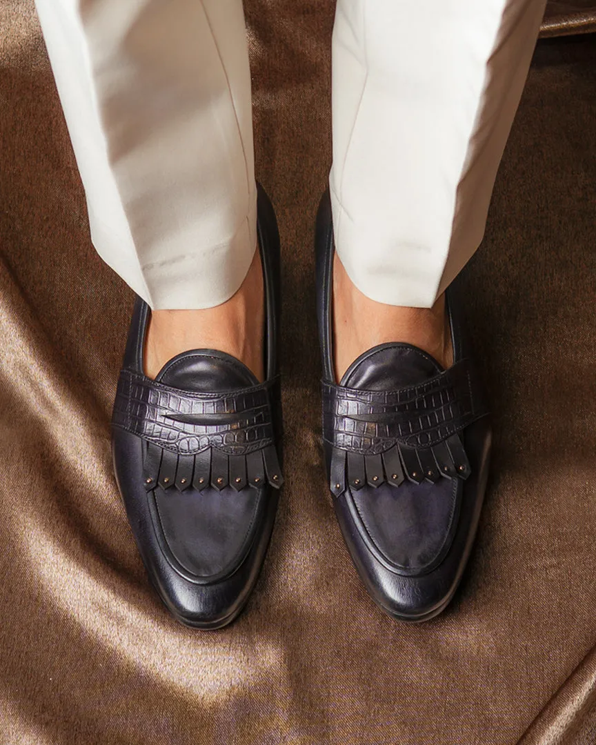Belgian Loafer - Black Grey Phyton Penny Strap With Studded Fringe (Hand Painted Patina) All Saints' Day Sale