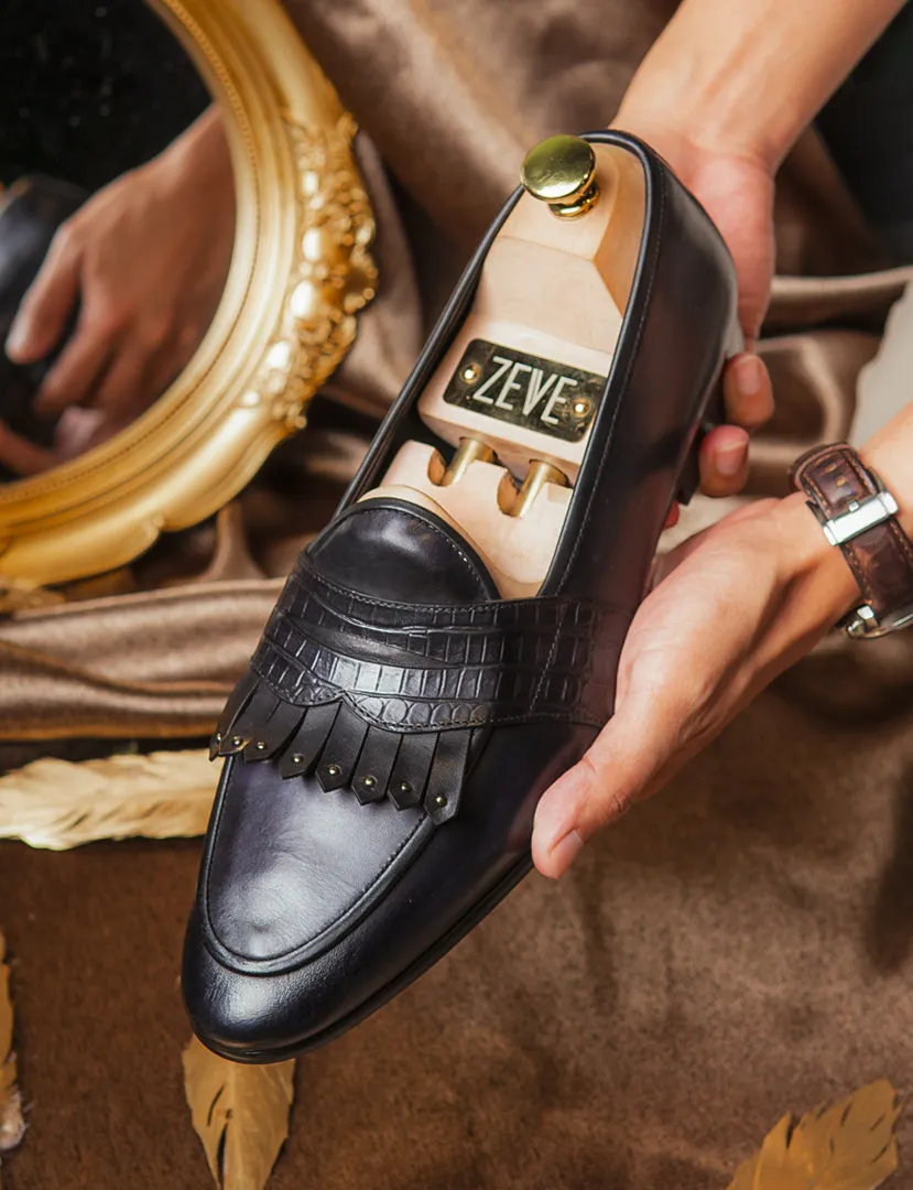 Move Beyond Ordinary Rule the Streets Belgian Loafer - Black Grey Phyton Penny Strap With Studded Fringe (Hand Painted Patina)