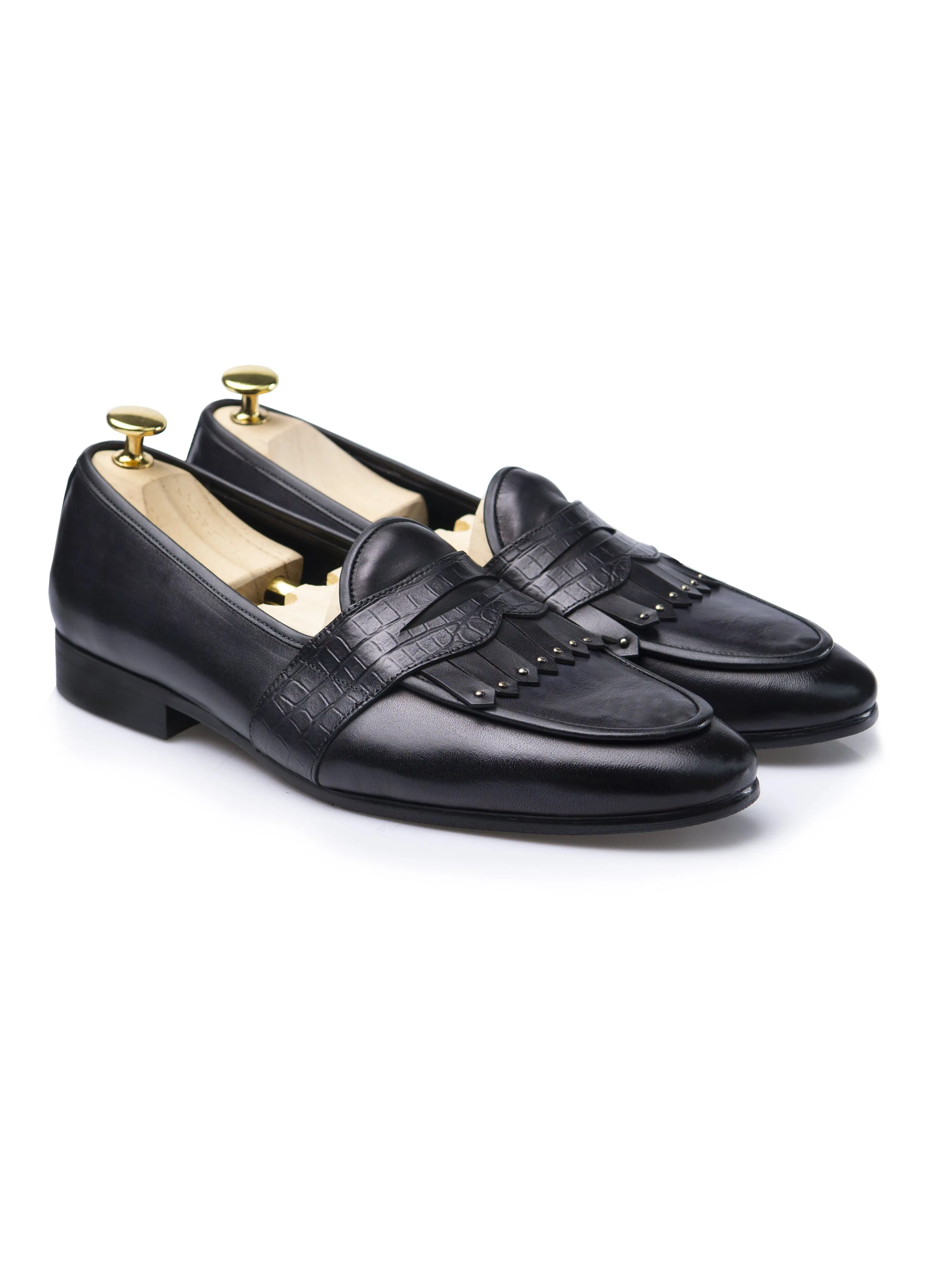 Empower Your Journey Sweetest Day Sale Belgian Loafer - Black Grey Phyton Penny Strap With Studded Fringe (Hand Painted Patina)