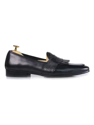 Belgian Loafer - Black Grey Phyton Penny Strap With Studded Fringe (Hand Painted Patina) Father's Day Sale Limited Time Offer