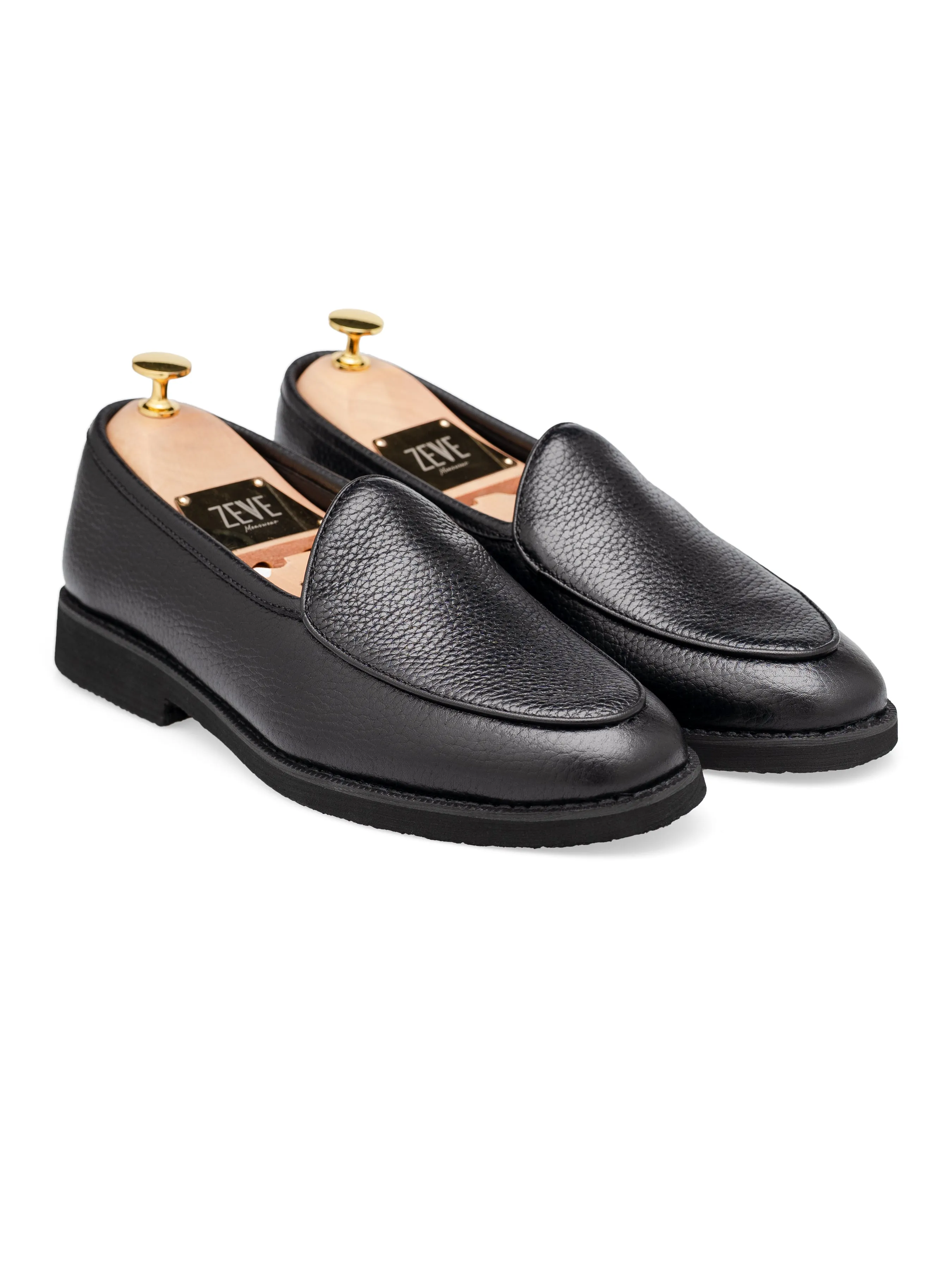 Abrasion Resistant Padding Comfort Assemblages Belgian Loafer - Black Pebble Grain Leather (Crepe Sole)