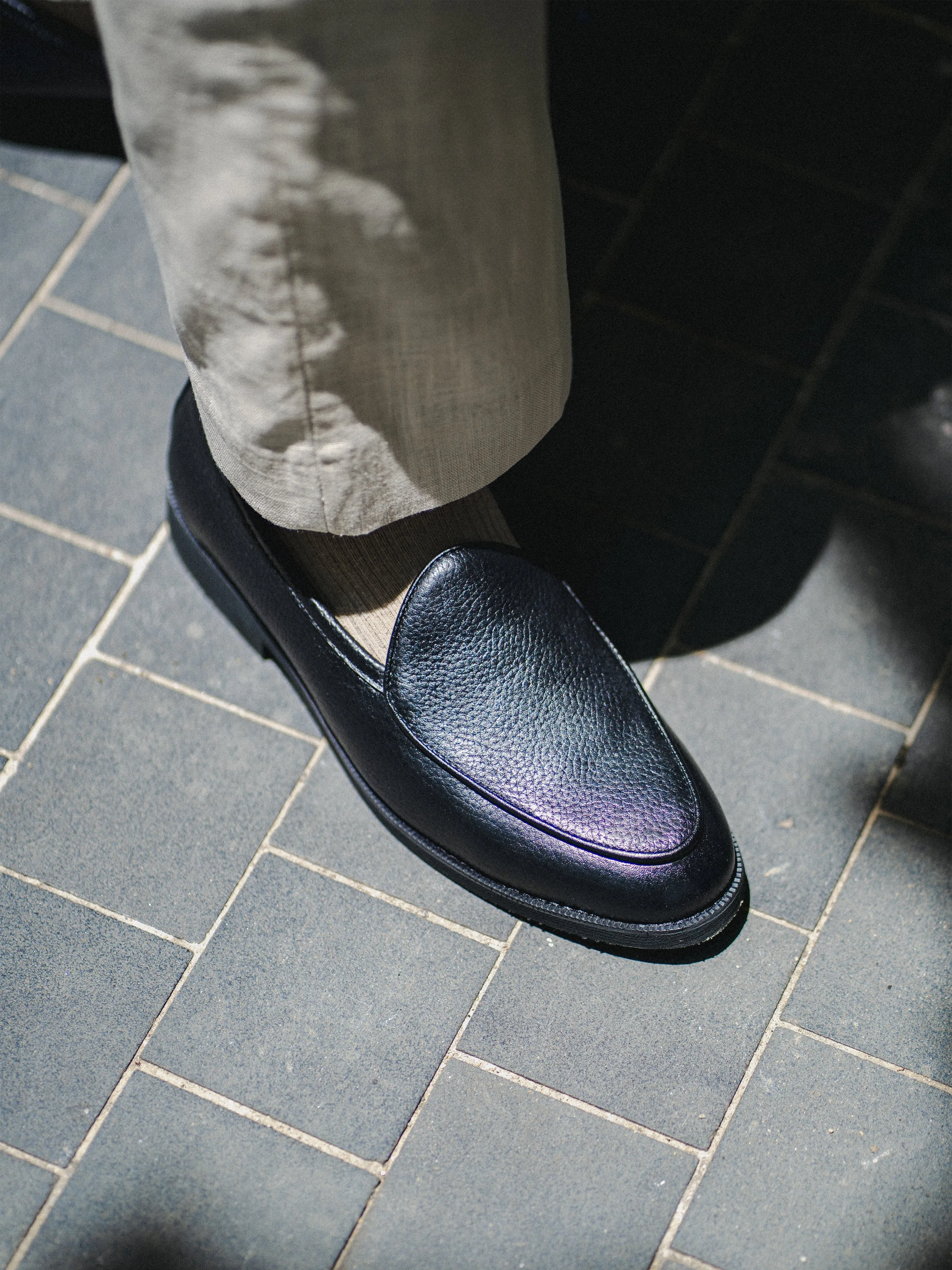 Belgian Loafer - Black Pebble Grain Leather (Crepe Sole) Strap Heels