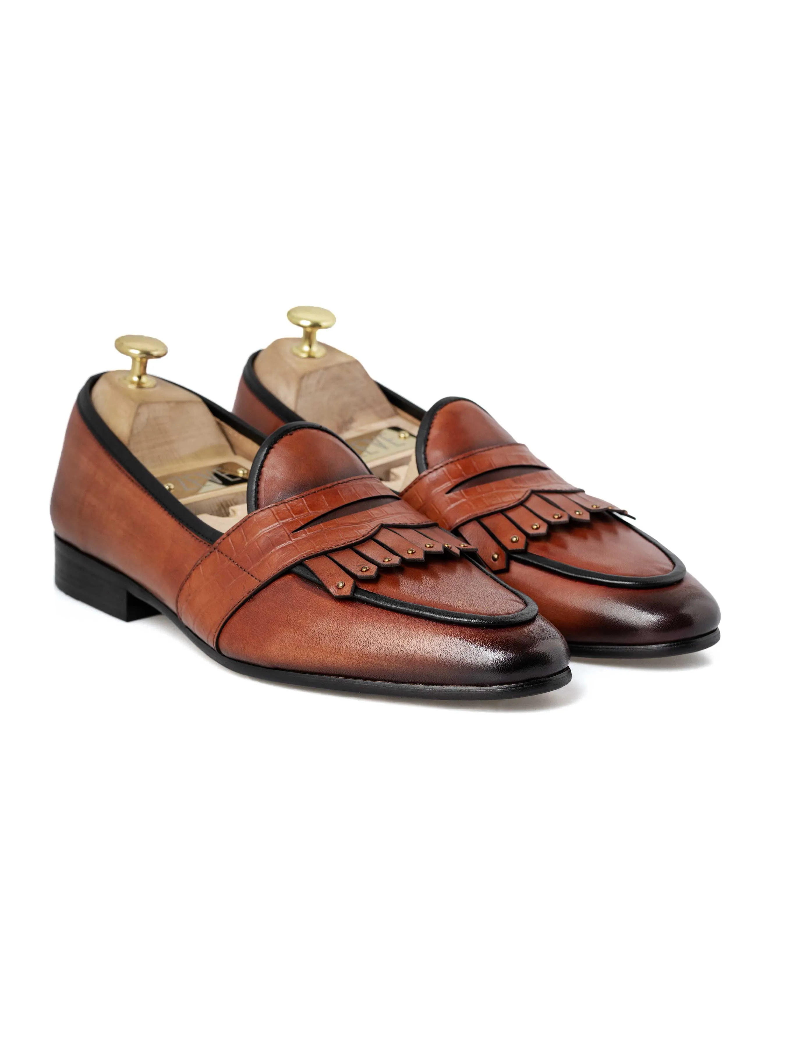 Belgian Loafer - Cognac Tan Phyton Penny Strap With Studded Fringe (Hand Painted Patina) Never Just Walk