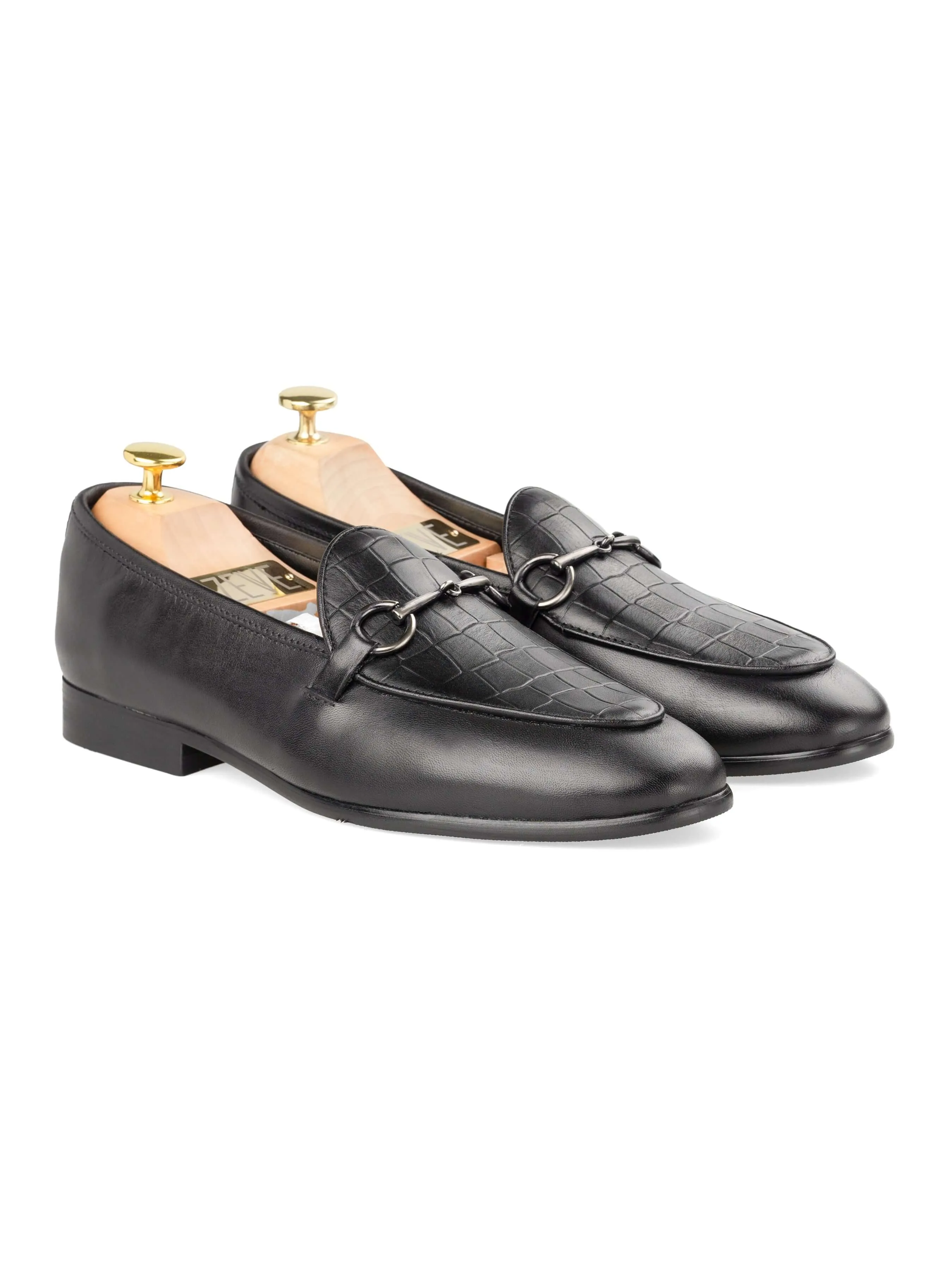Holiday Sale Belgian Loafer Horsebit Buckle - Solid Black & Croco (Silver Buckle)