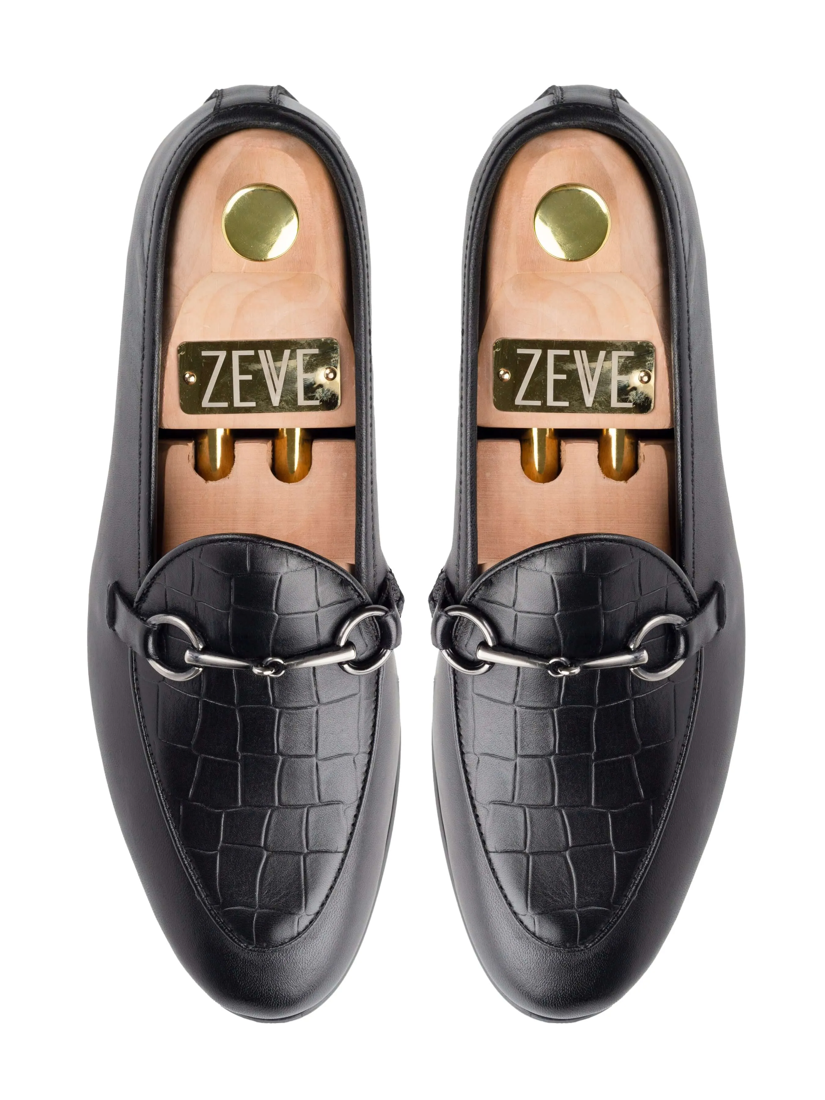 Belgian Loafer Horsebit Buckle - Solid Black & Croco (Silver Buckle) Tread Texture Comfort Service
