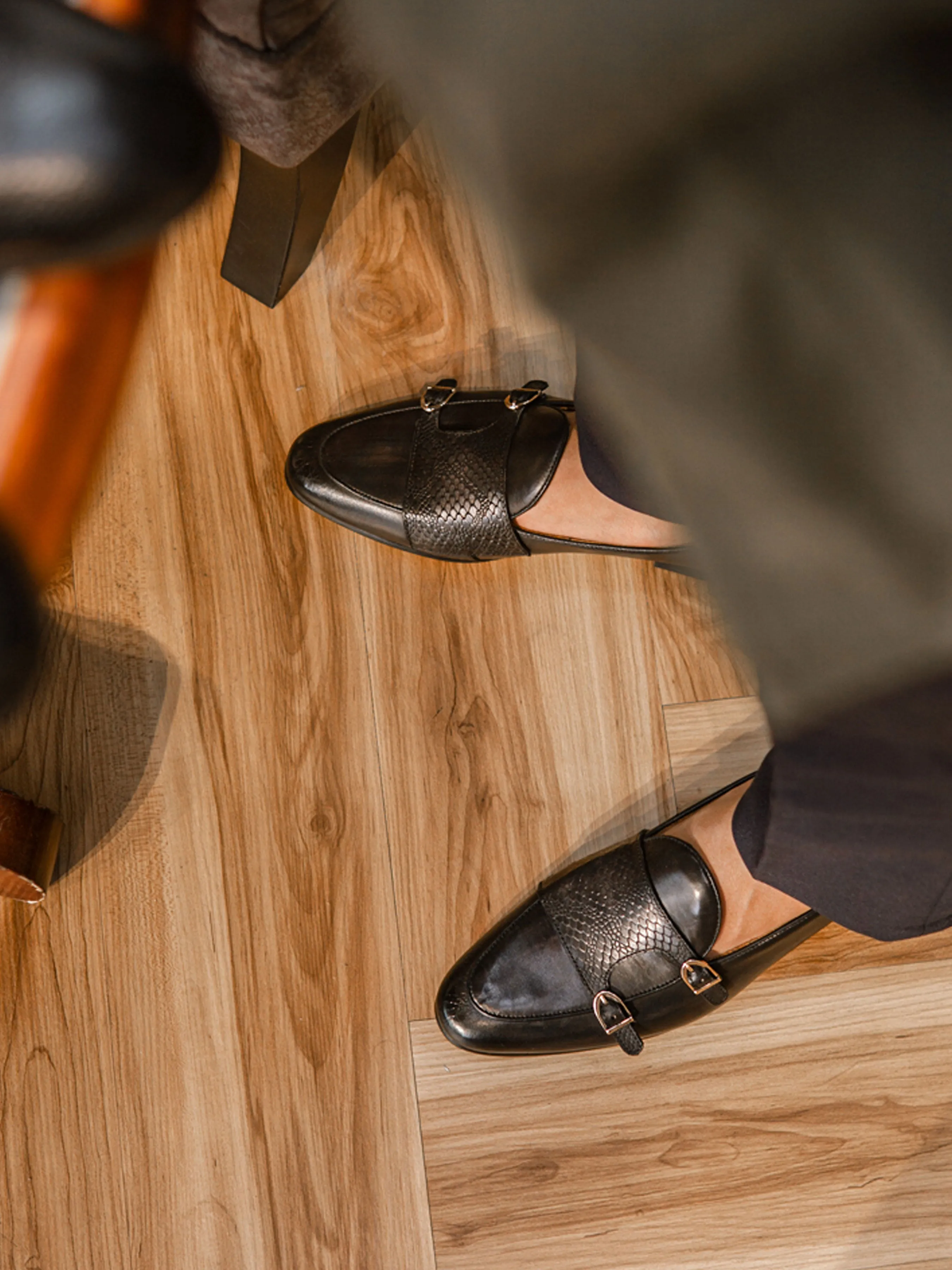 Never Just Walk Belgian Loafer - Black Grey Snake Skin Double Monk Strap (Hand Painted Patina)