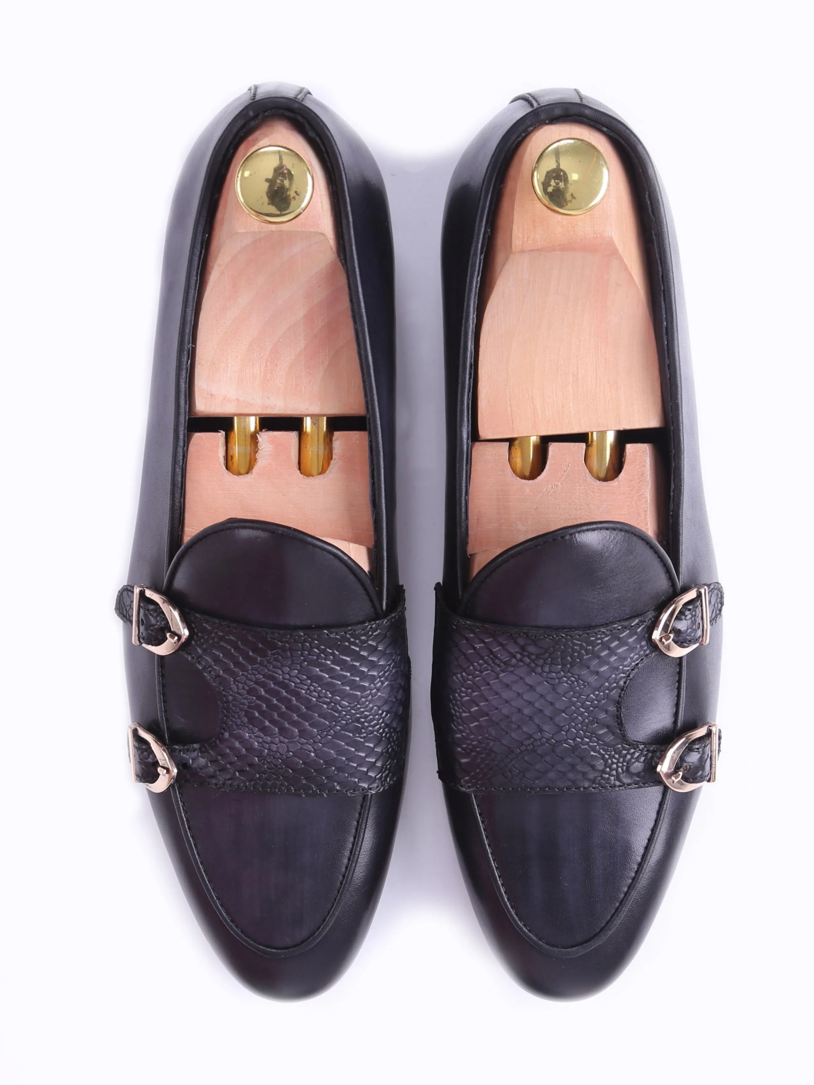 Move Like You Mean It All Eyes on You Belgian Loafer - Black Grey Snake Skin Double Monk Strap (Hand Painted Patina)