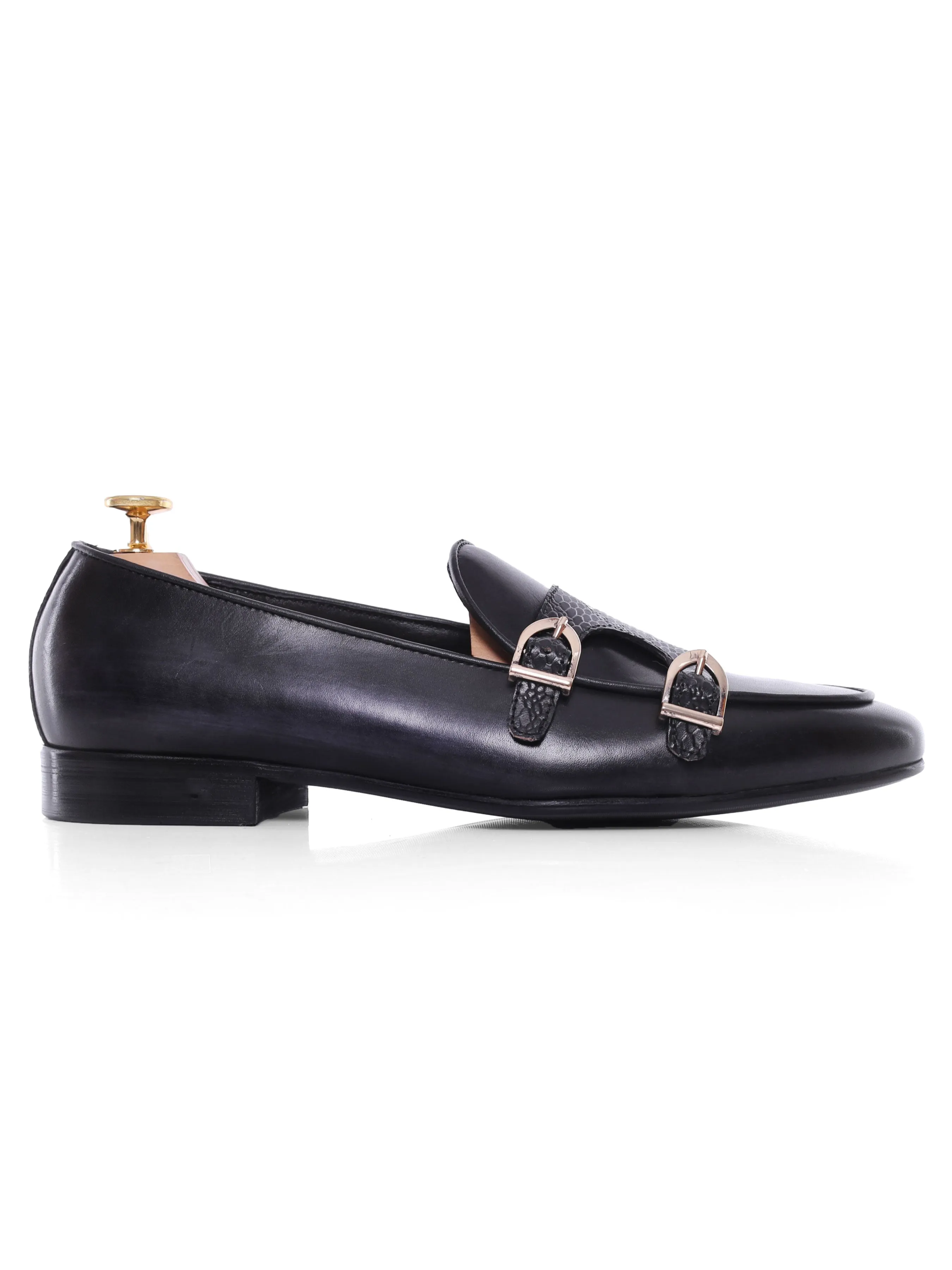 Belgian Loafer - Black Grey Snake Skin Double Monk Strap (Hand Painted Patina) Built for the Bold