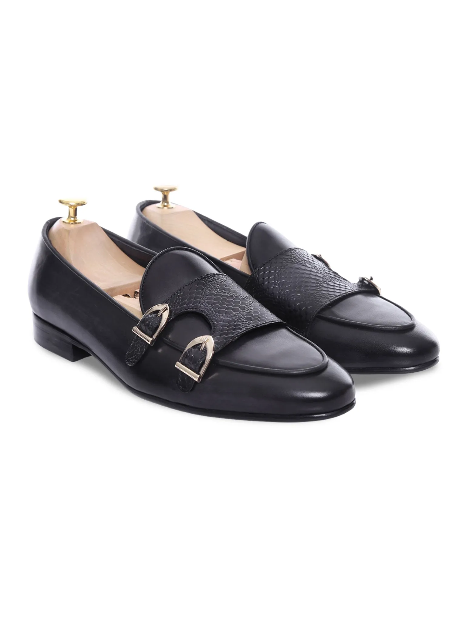 Lead with Style Belgian Loafer - Black Grey Snake Skin Double Monk Strap (Hand Painted Patina)