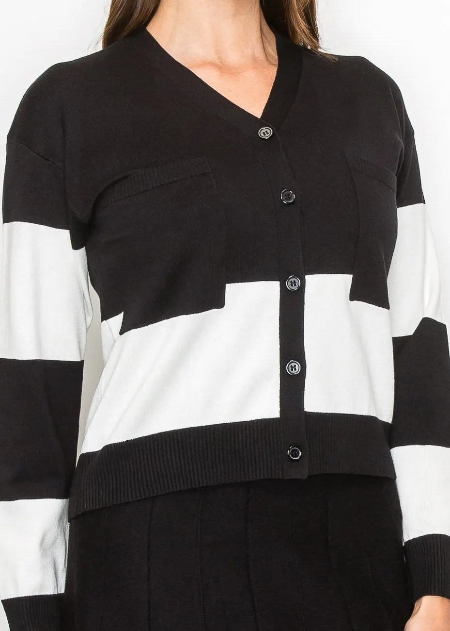 Cardigan tricoté contraste noir et blanc