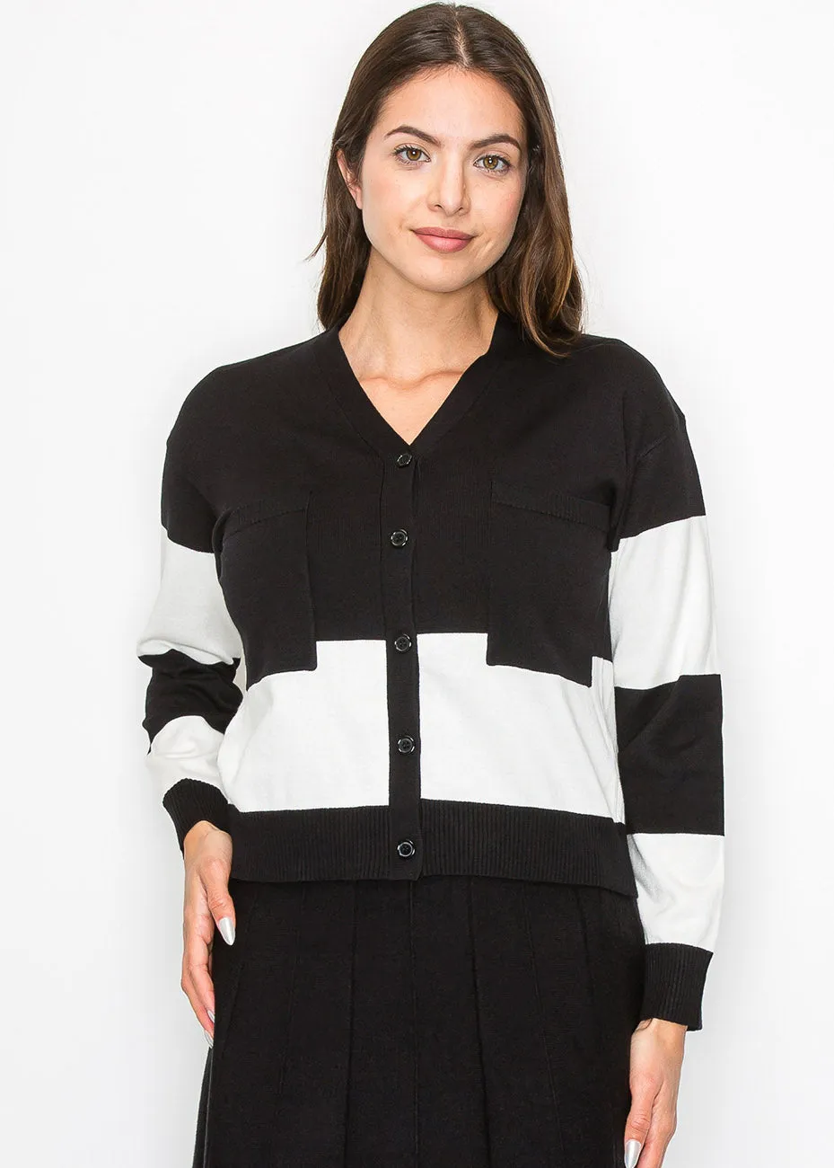 Cardigan tricoté contraste noir et blanc