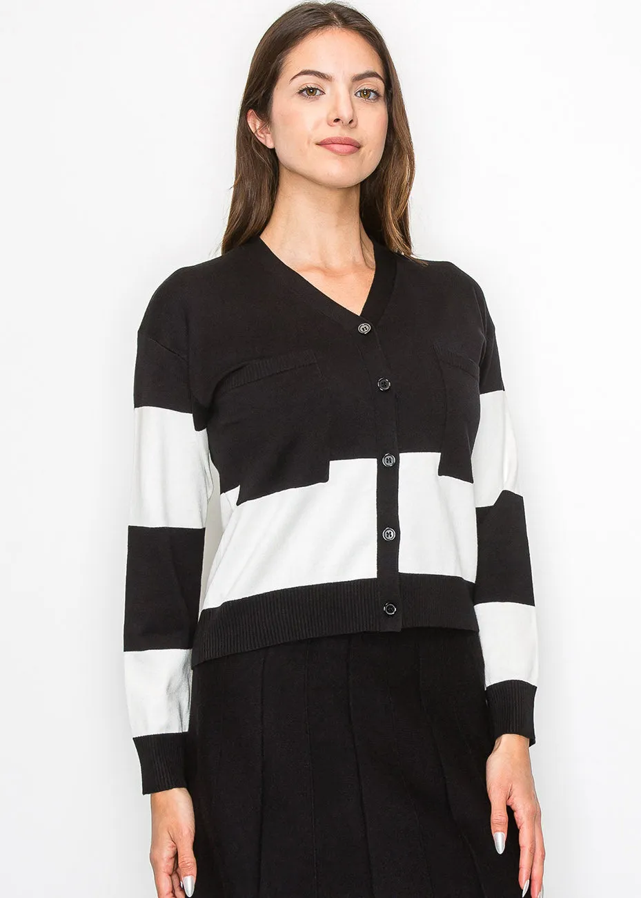 Cardigan tricoté contraste noir et blanc