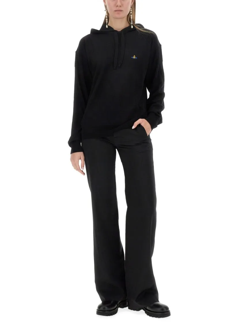 Pull en laine vierge noire avec logo brodé