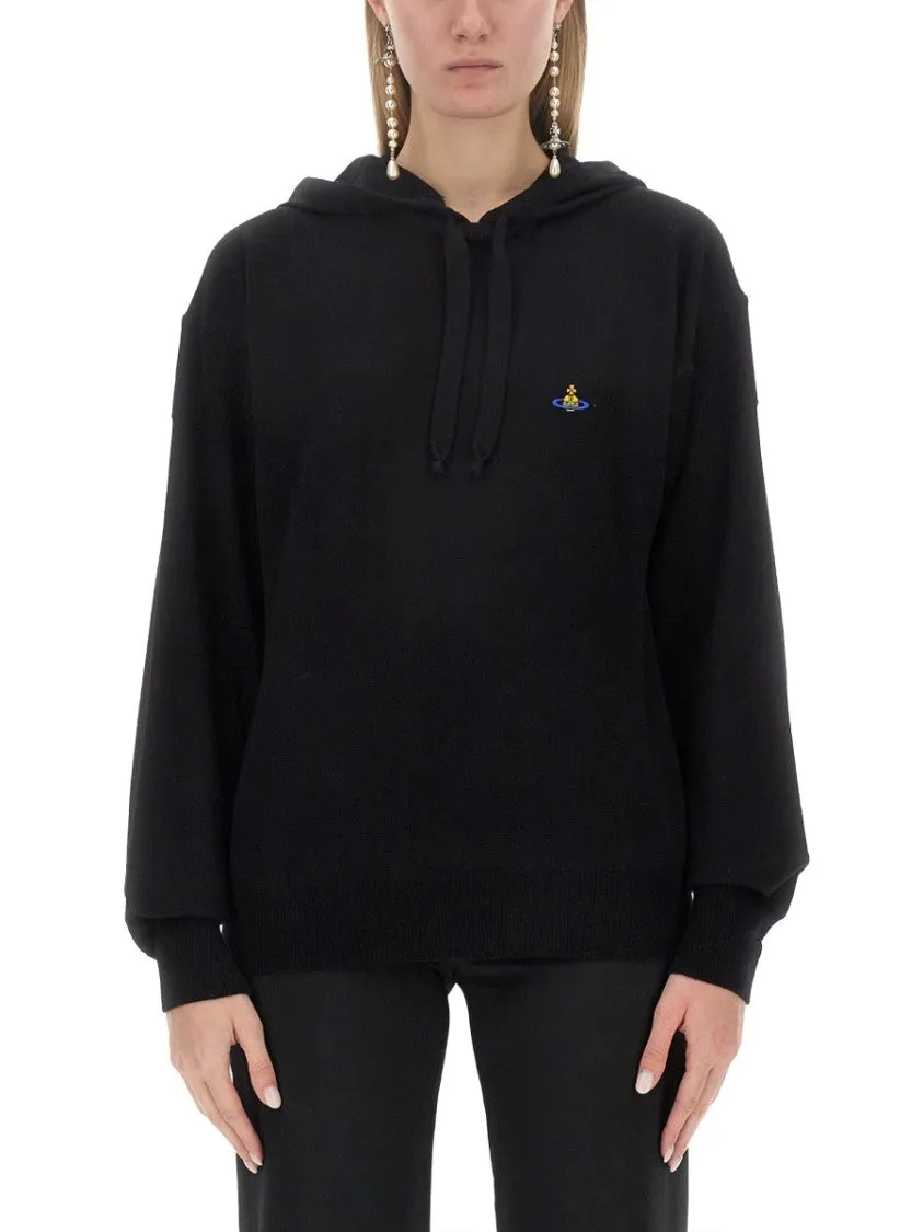 Pull en laine vierge noire avec logo brodé