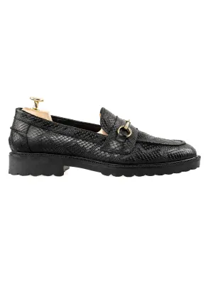 Penny Loafer Horsebit Buckle - Black Phyton Leather (Combat Sole) Comfort Grip Sole Design Dressy Wear