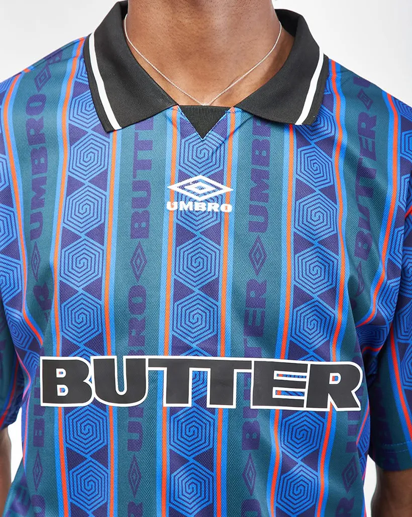 Sheen Effect Chunky Knit Material Butter Goods X Umbro Vert Jersey - Forest/Cobalt
