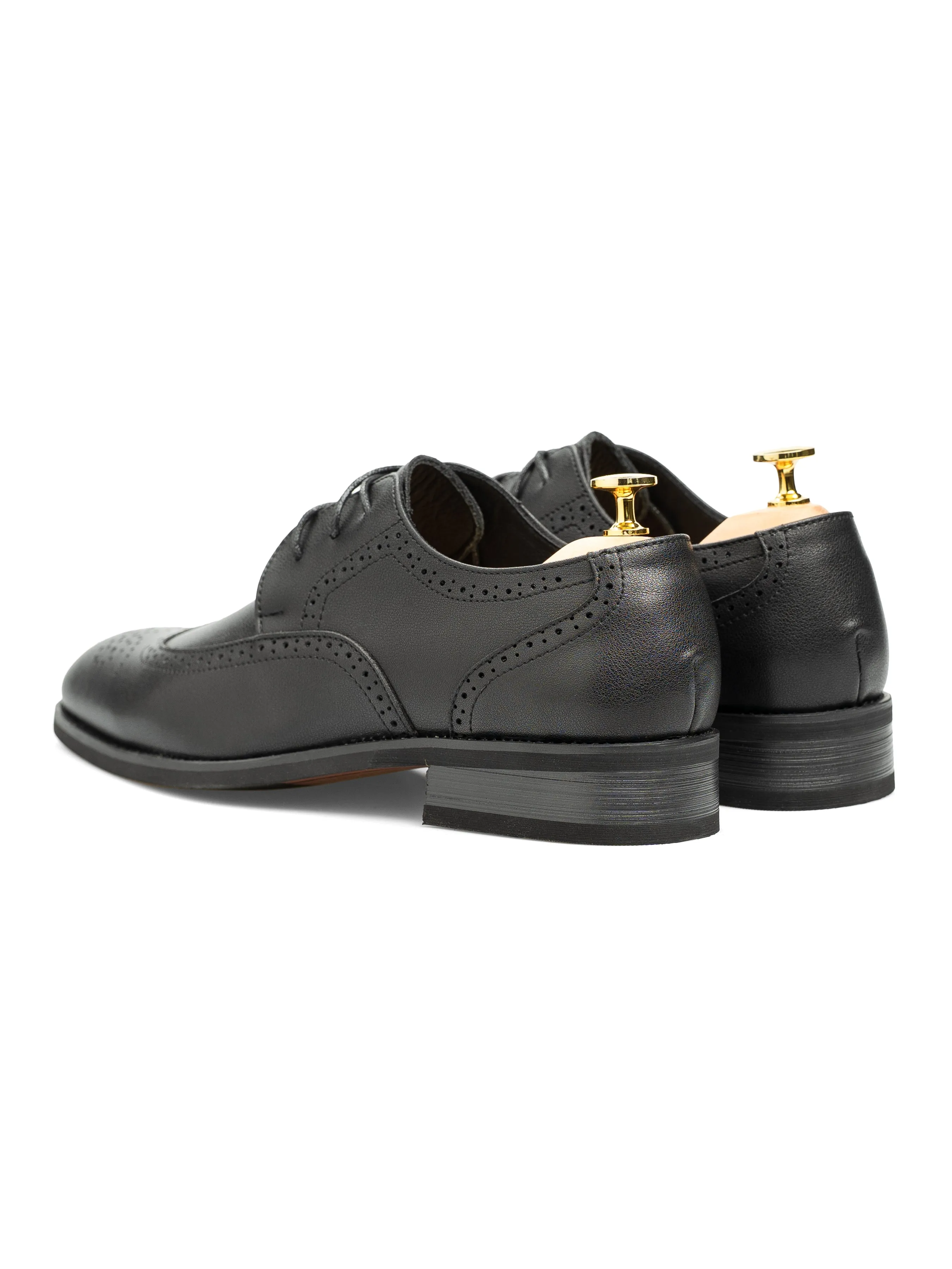 Brogue Derby Wingtip - Solid Black Leather (Stud Sole) Rattan