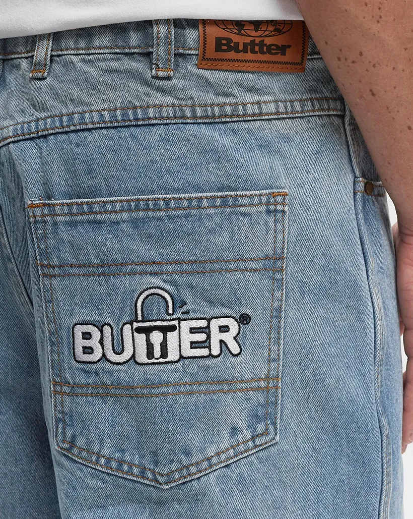Sequined Sleeve Butter Goods Lock Baggy Denim Jeans - Light Indigo