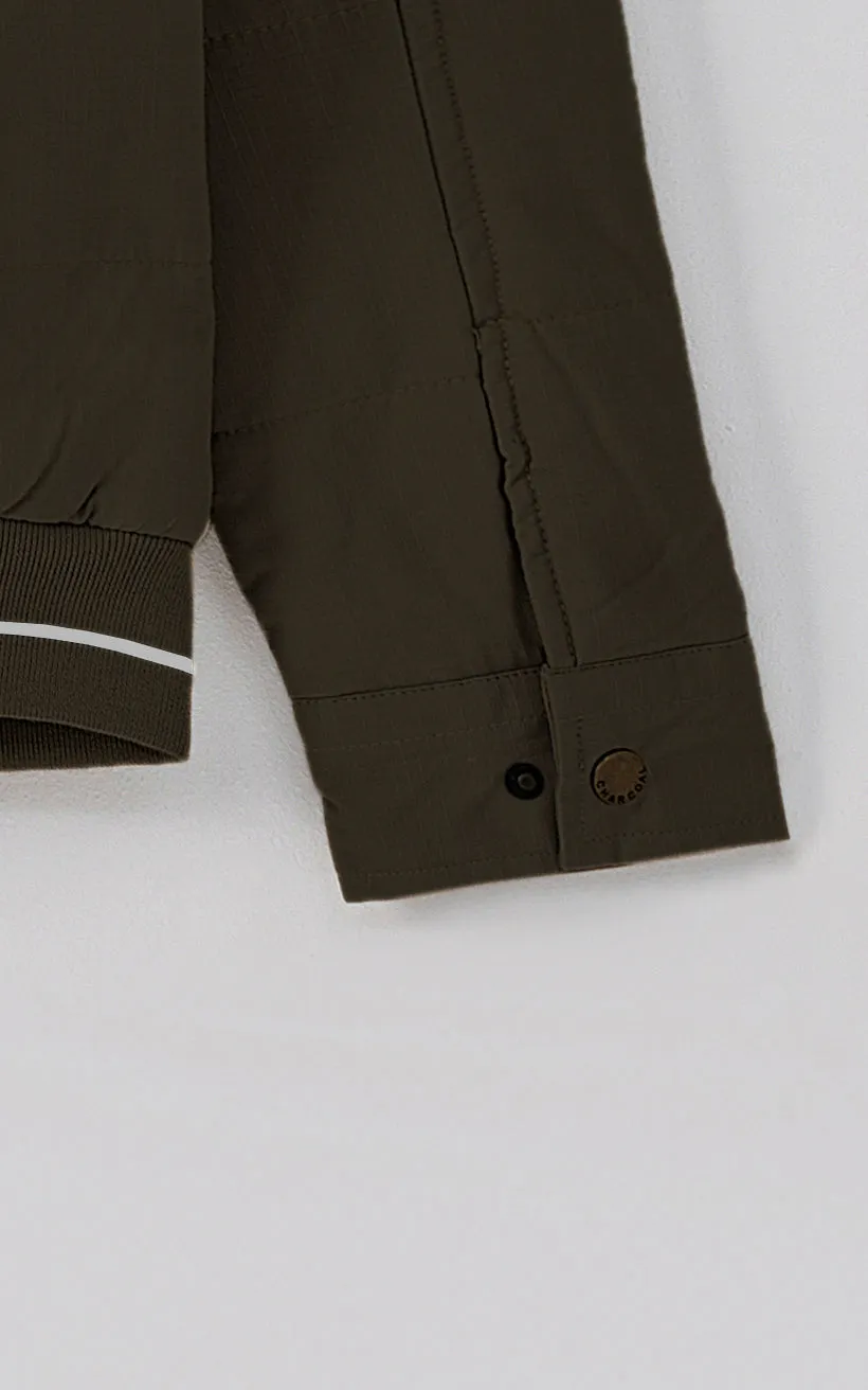 Quilted Fur Collar Jacket Dark Olive Narrow Fitment