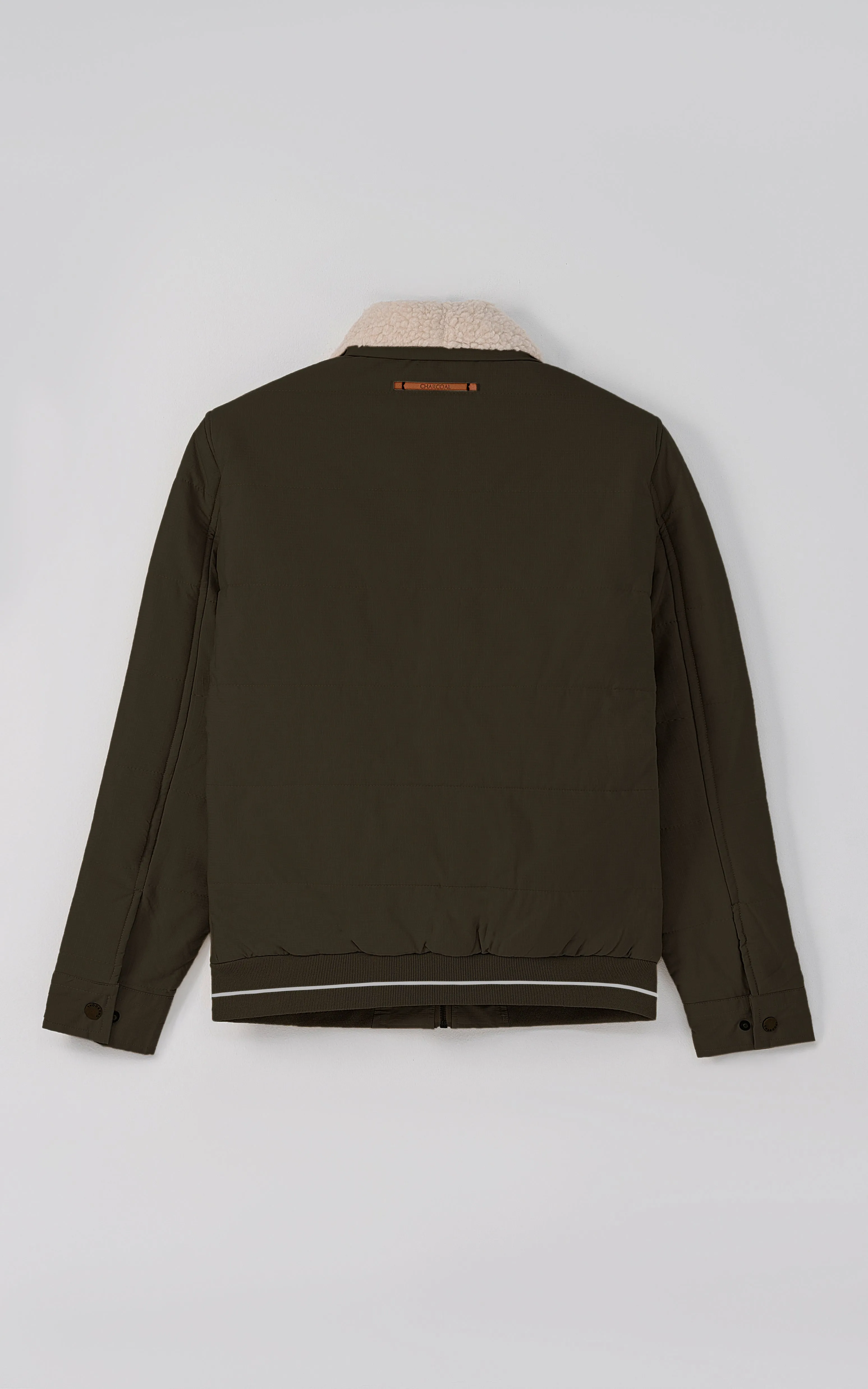 Quilted Fur Collar Jacket Dark Olive Stretchable Front Panel Value