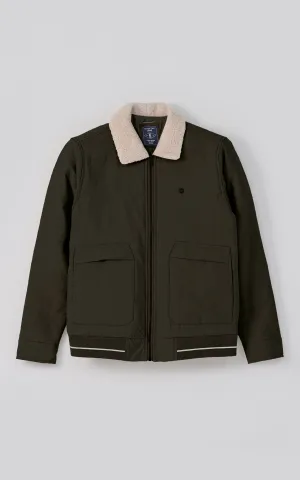 Quilted Fur Collar Jacket Dark Olive Fast Drying Mesh Slip-On Cushioned Style