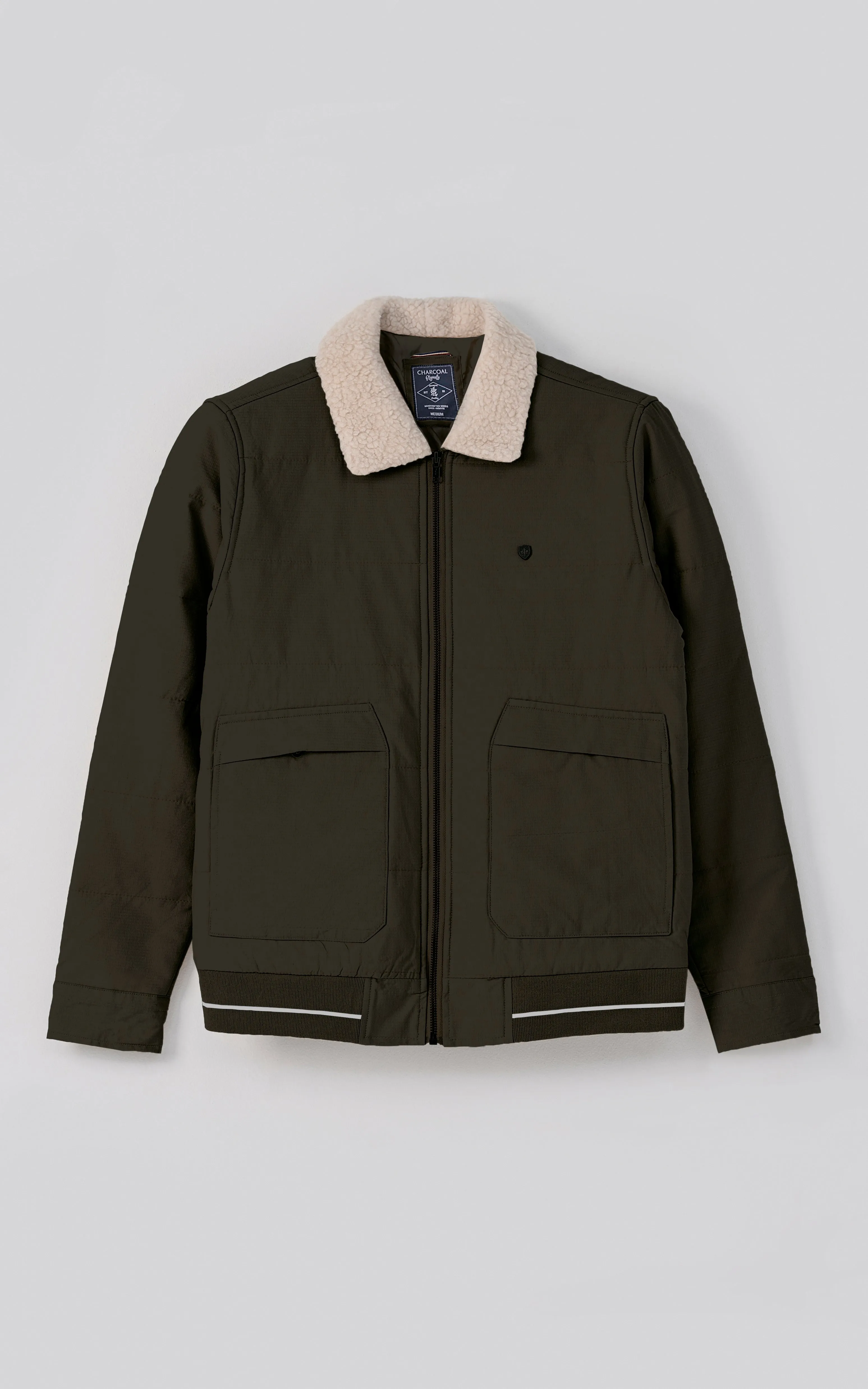 Quilted Fur Collar Jacket Dark Olive Fast Drying Mesh Slip-On Cushioned Style