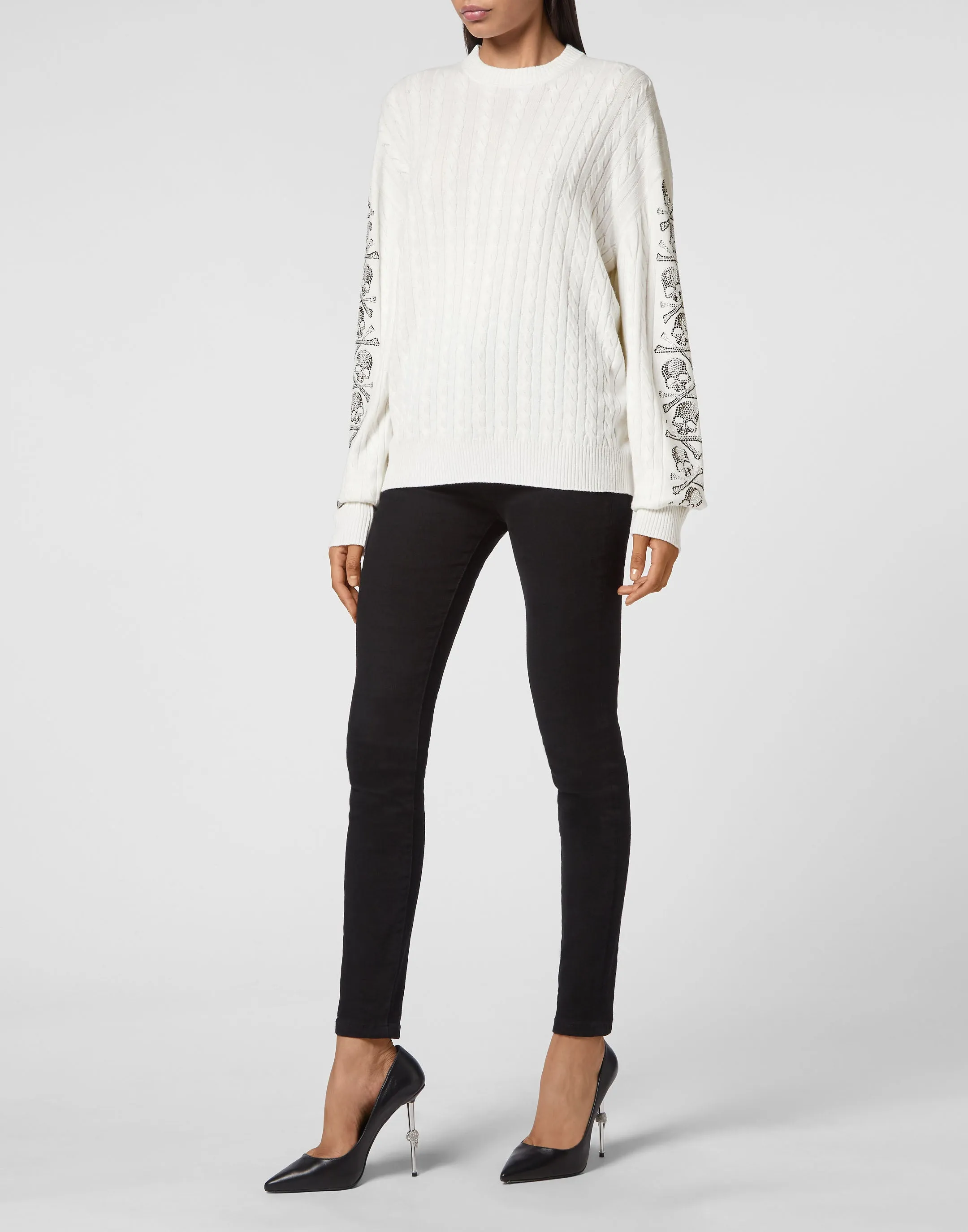 Pull Cash Five Col Rond Manches Longues Motif Crâne Cristal
