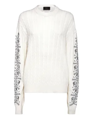 Pull Cash Five Col Rond Manches Longues Motif Crâne Cristal