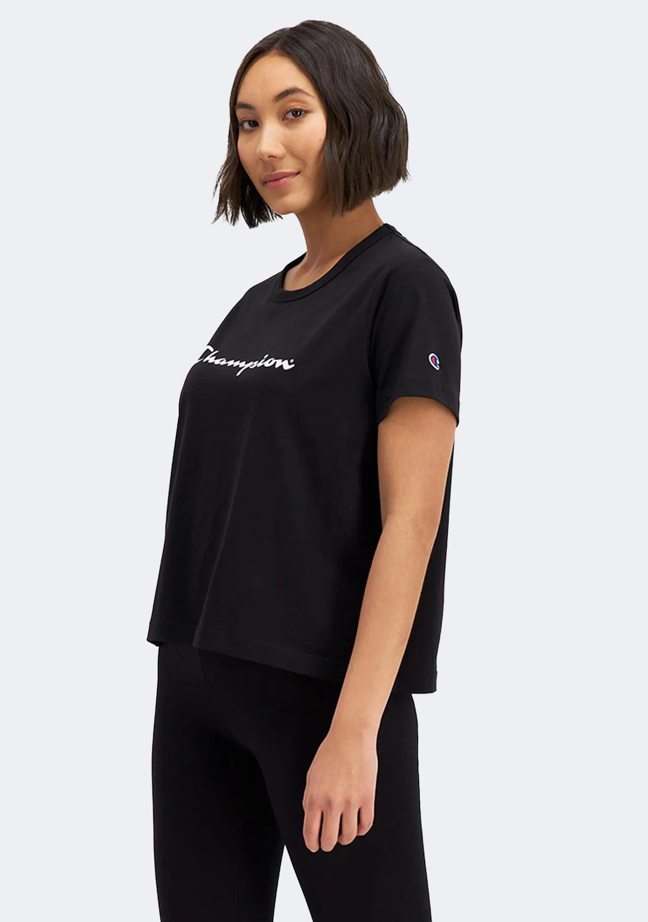 Champion Women'S Script Crop Boxy Tee Black Base Layer Fabric