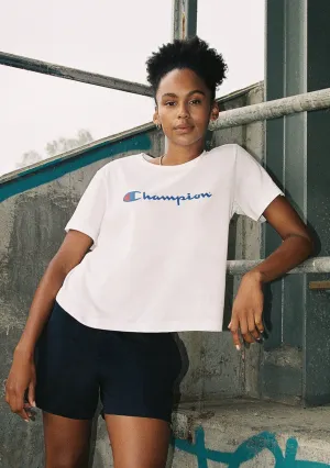 Champion Women'S Script Crop Boxy Tee White Velveteen