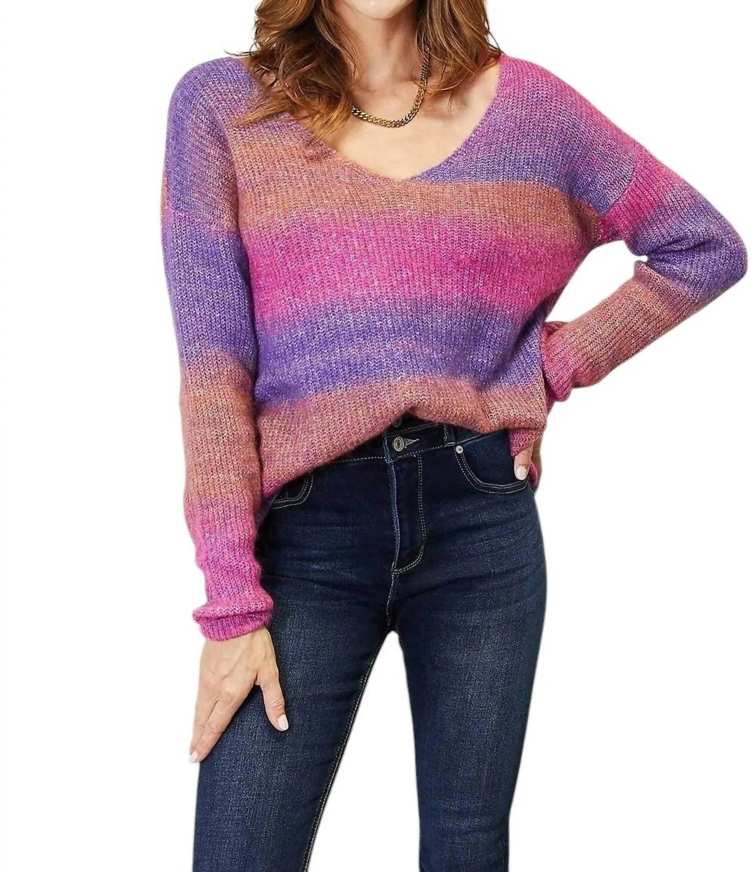 Pullover chic à col en V et côtes en violet