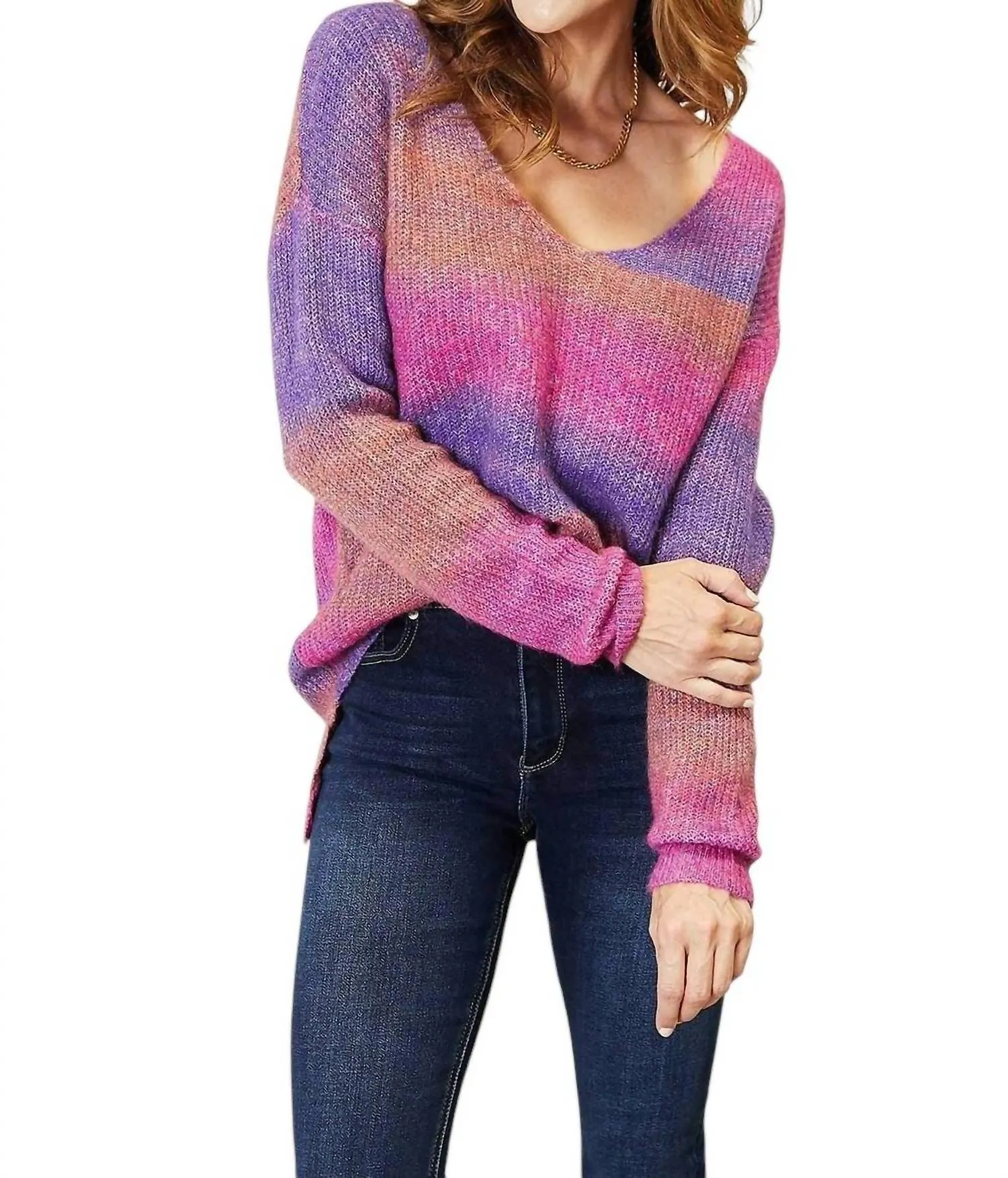 Pullover chic à col en V et côtes en violet