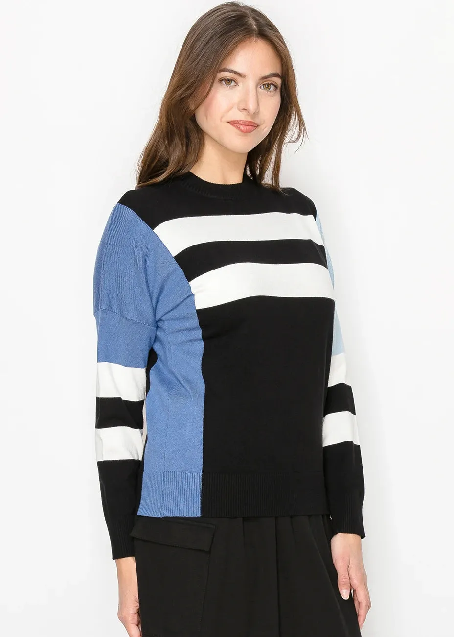 Pullover à motifs contrastés noir et bleu classique