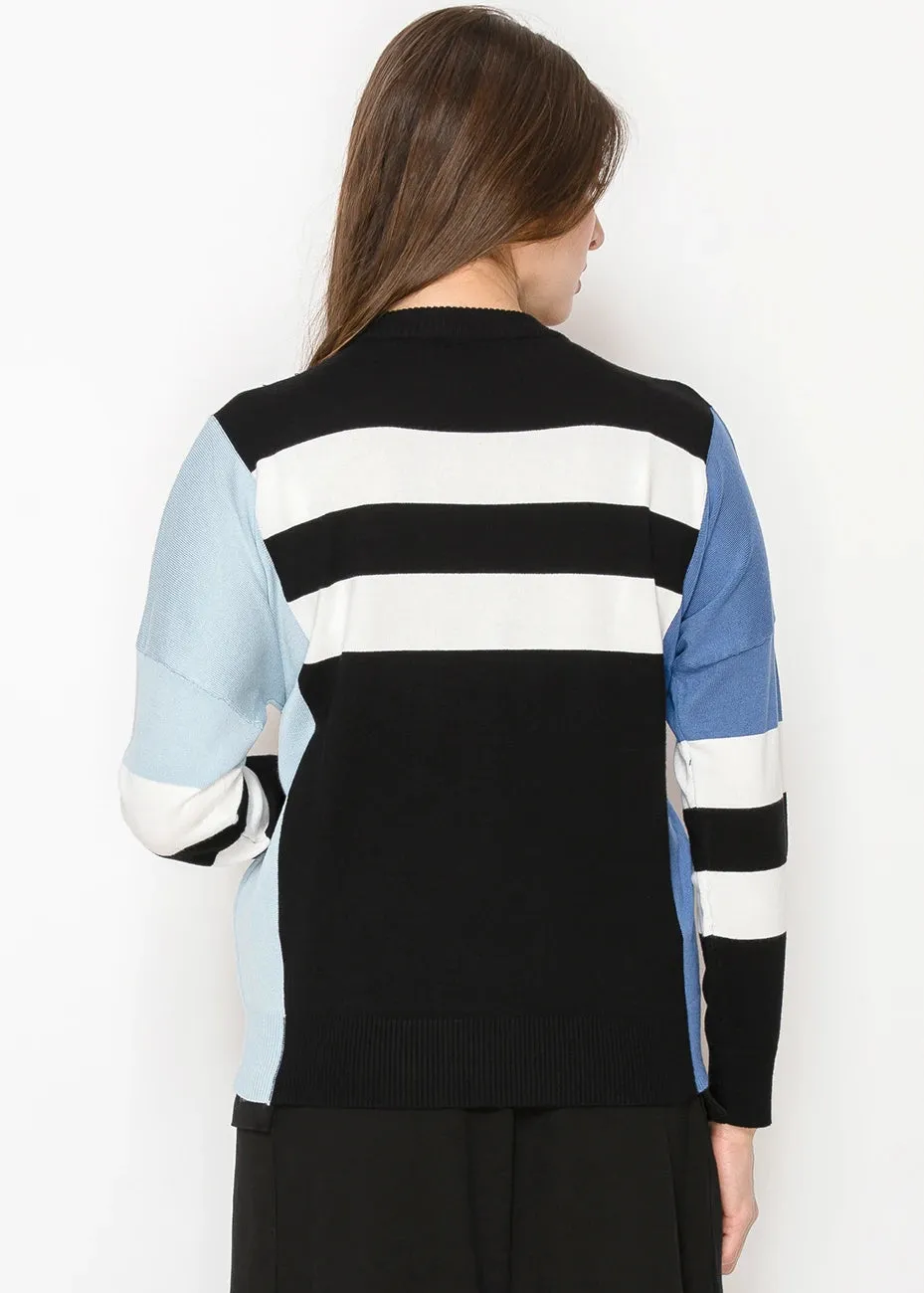 Pullover à motifs contrastés noir et bleu classique