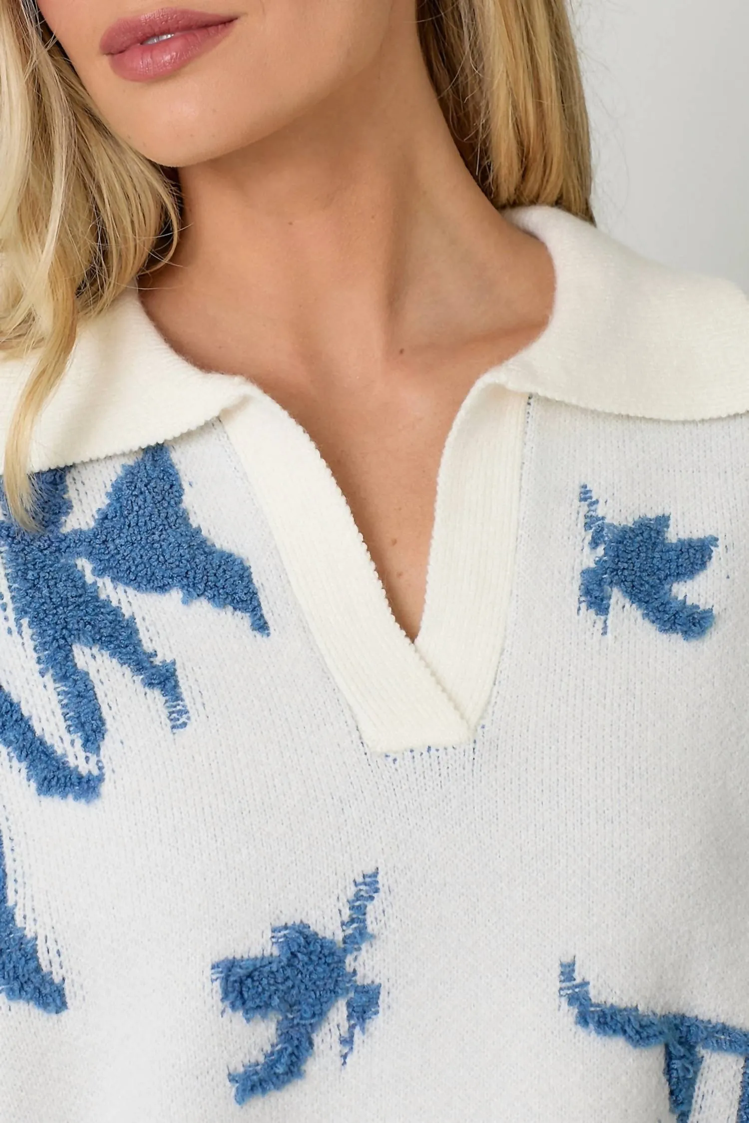 Pull Col Claudine Fleuri en Blanc et Bleu