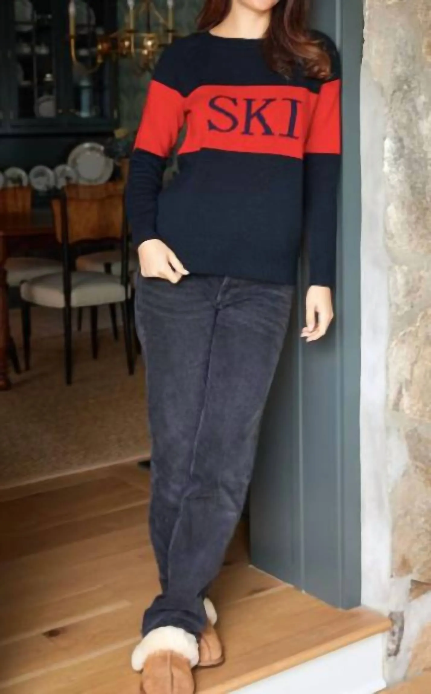 Pull de ski à motifs colorés en marine/rouge