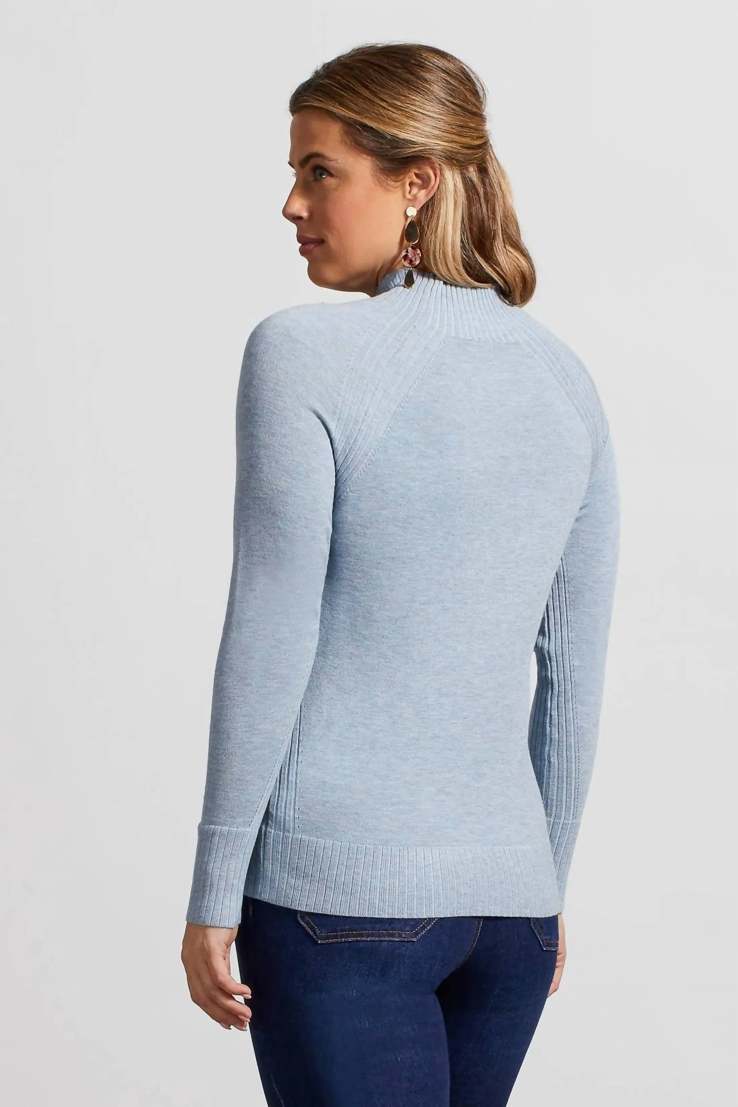 Pull à col cheminée avec motifs côtes en mélange pierre bleue chinée