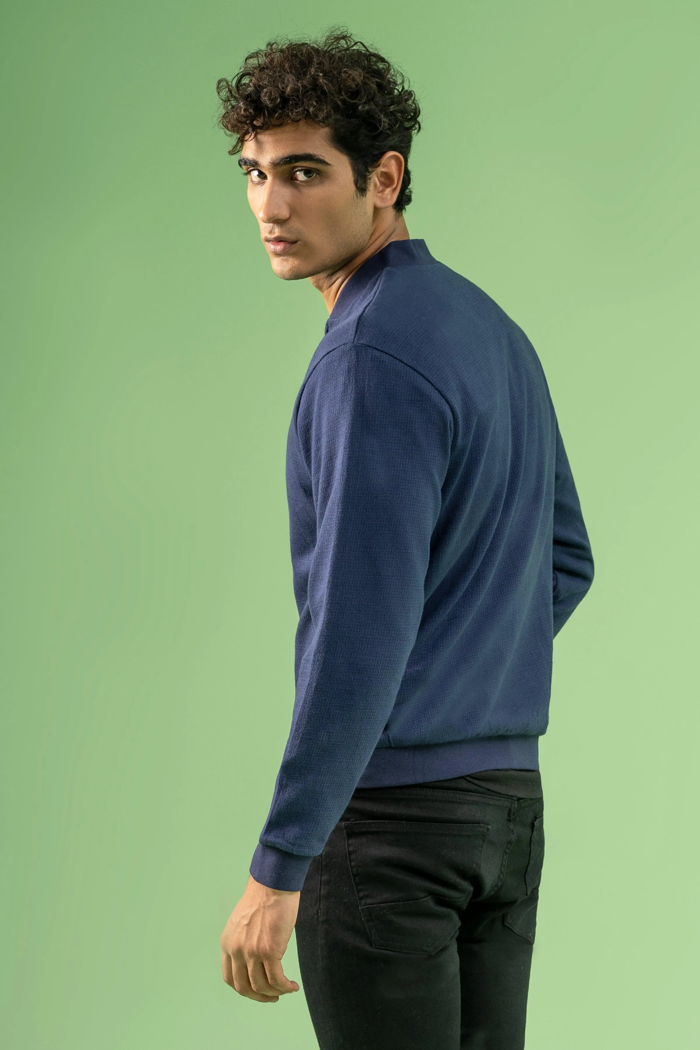Houndstooth Mock Neck Zipper Navy Subtle Slip-On Adaptable Feature Style