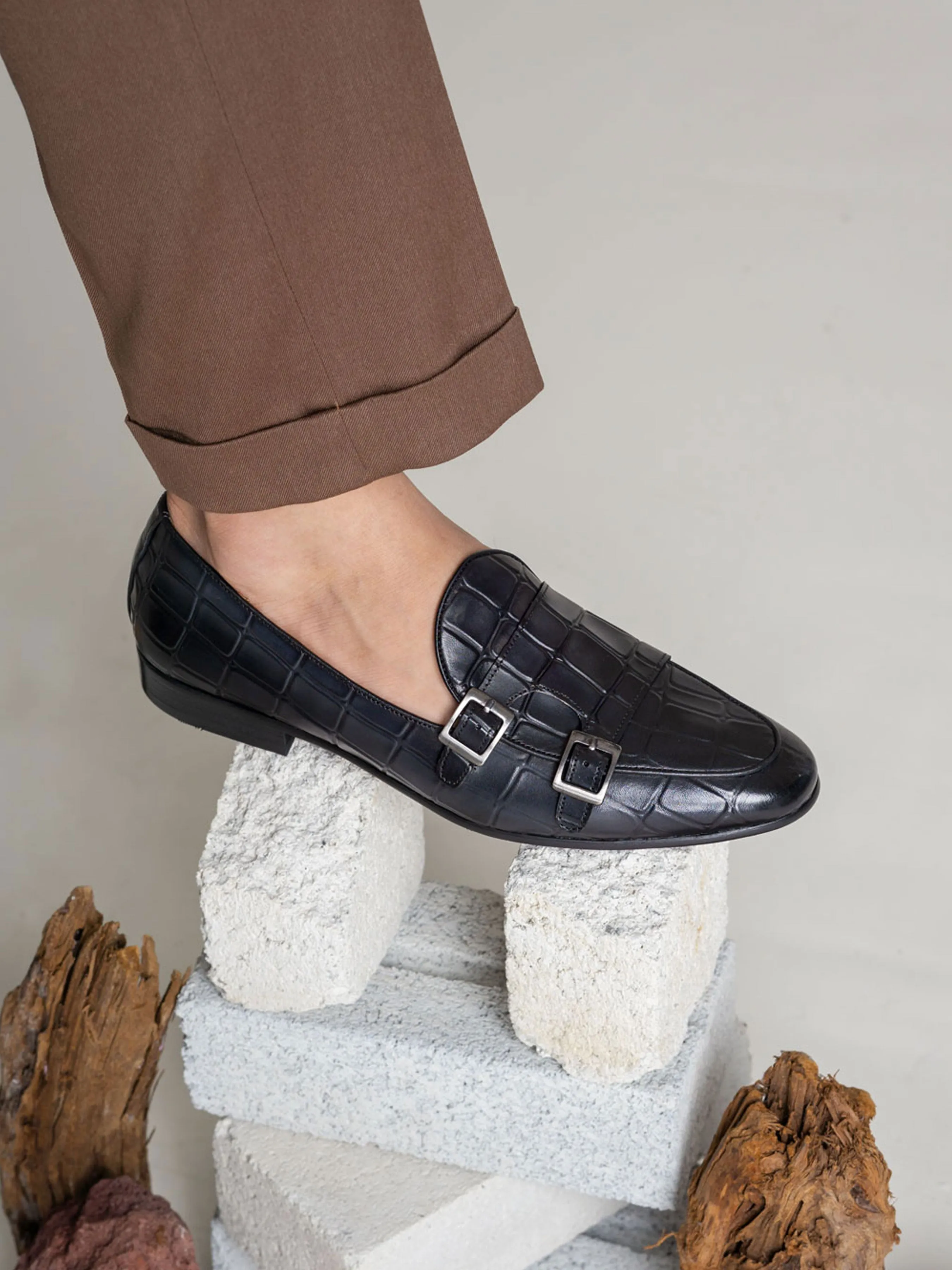 Belgian Loafer - Black Grey Croco Double Monk Strap (Hand Painted Patina) Lace Up System Design