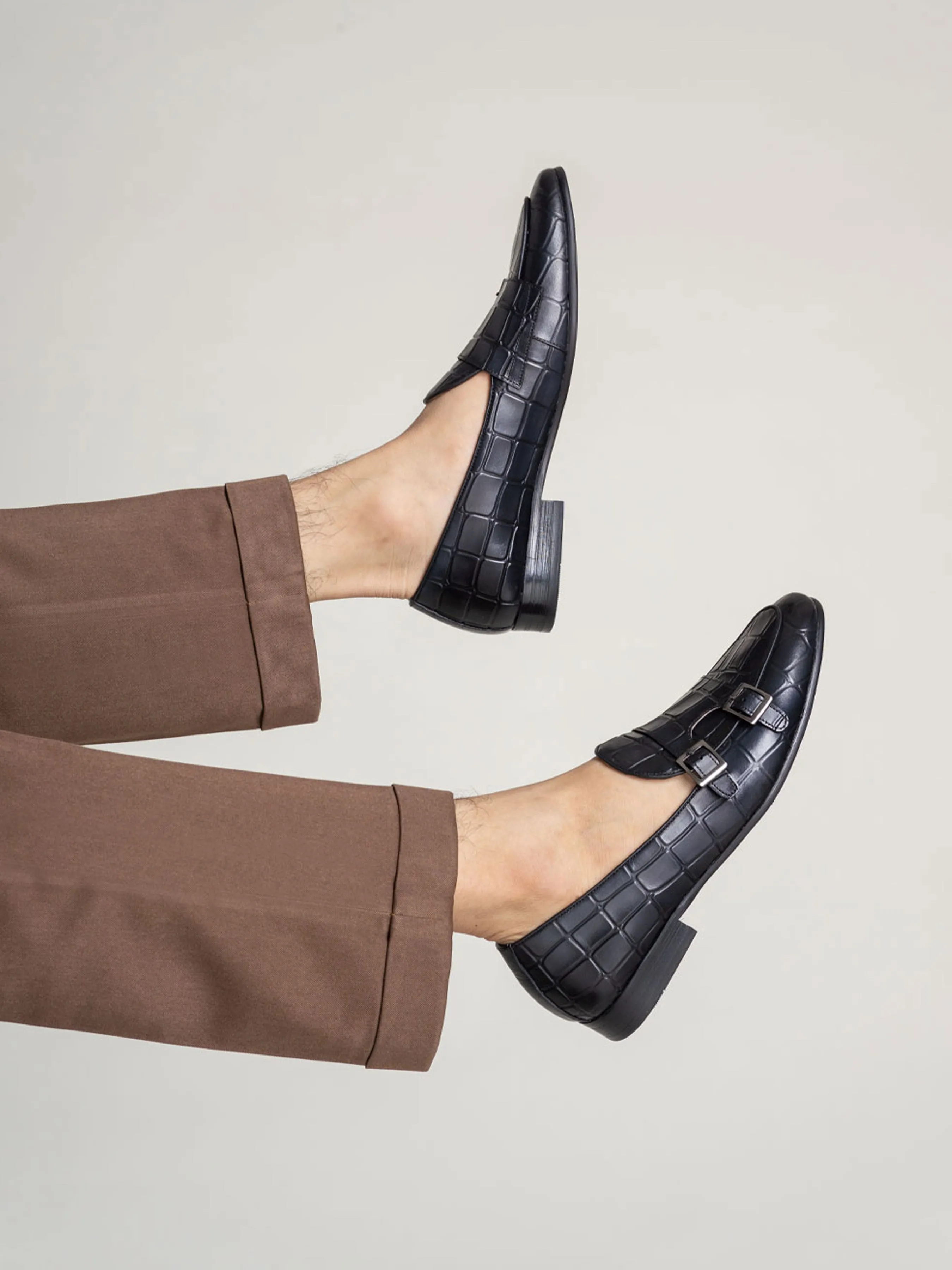 Belgian Loafer - Black Grey Croco Double Monk Strap (Hand Painted Patina) Stable Hold Flexible Footbed Insert Pad Pad